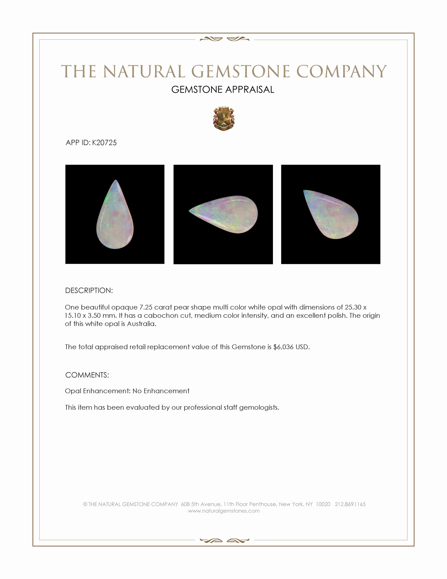 7.25 Ct. Cabochon White Opal from Australia