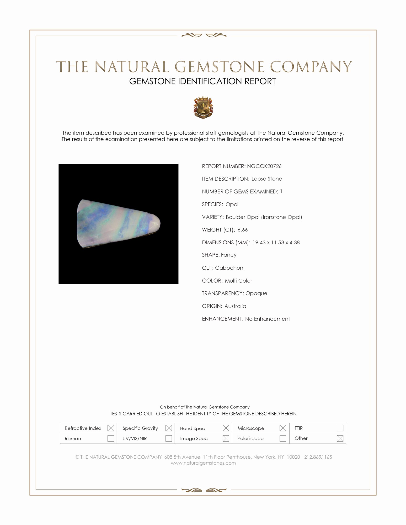 6.66 Ct. Multi Color Cabochon Boulder Opal (Ironstone Opal) from Australia