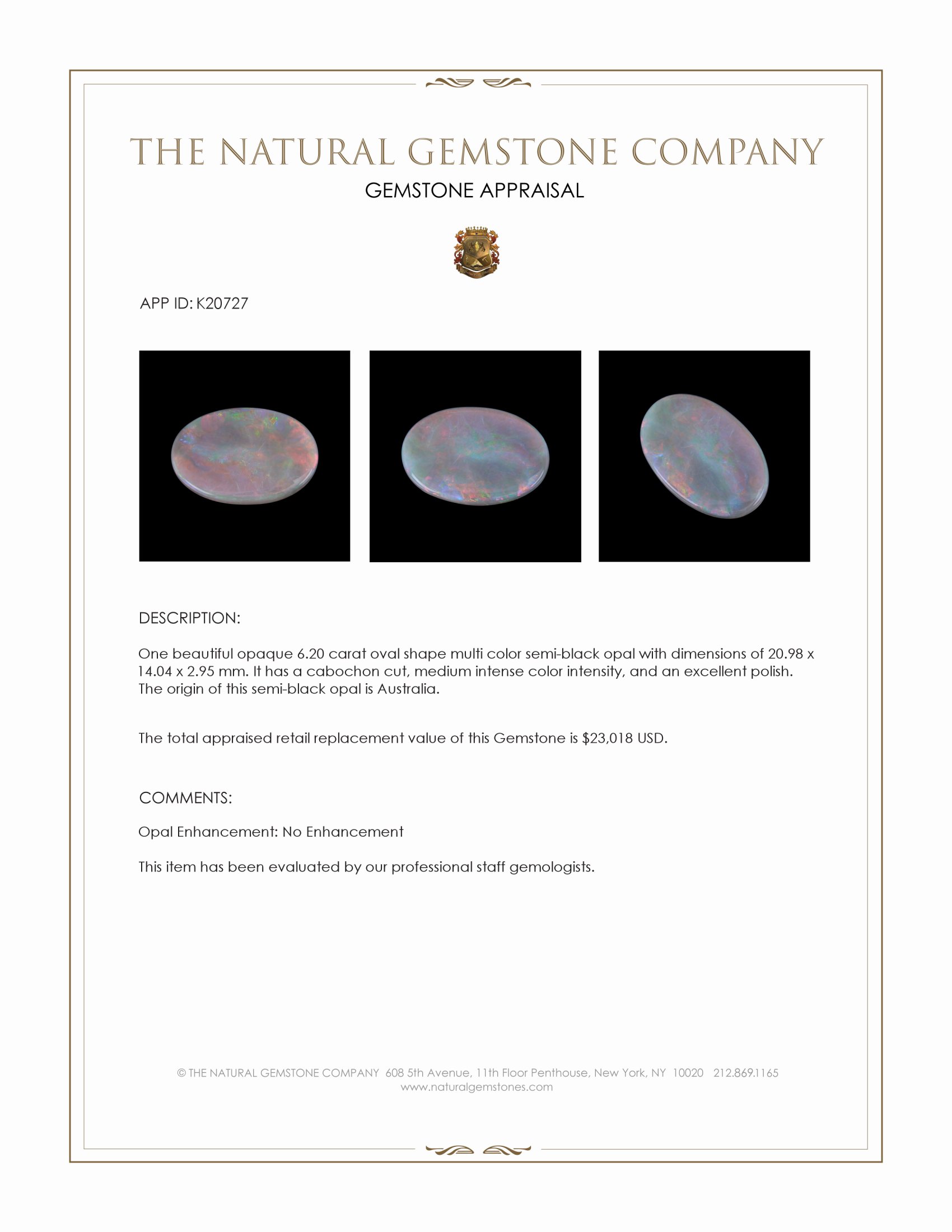 6.20 Ct. Cabochon Semi-Black Opal from Australia