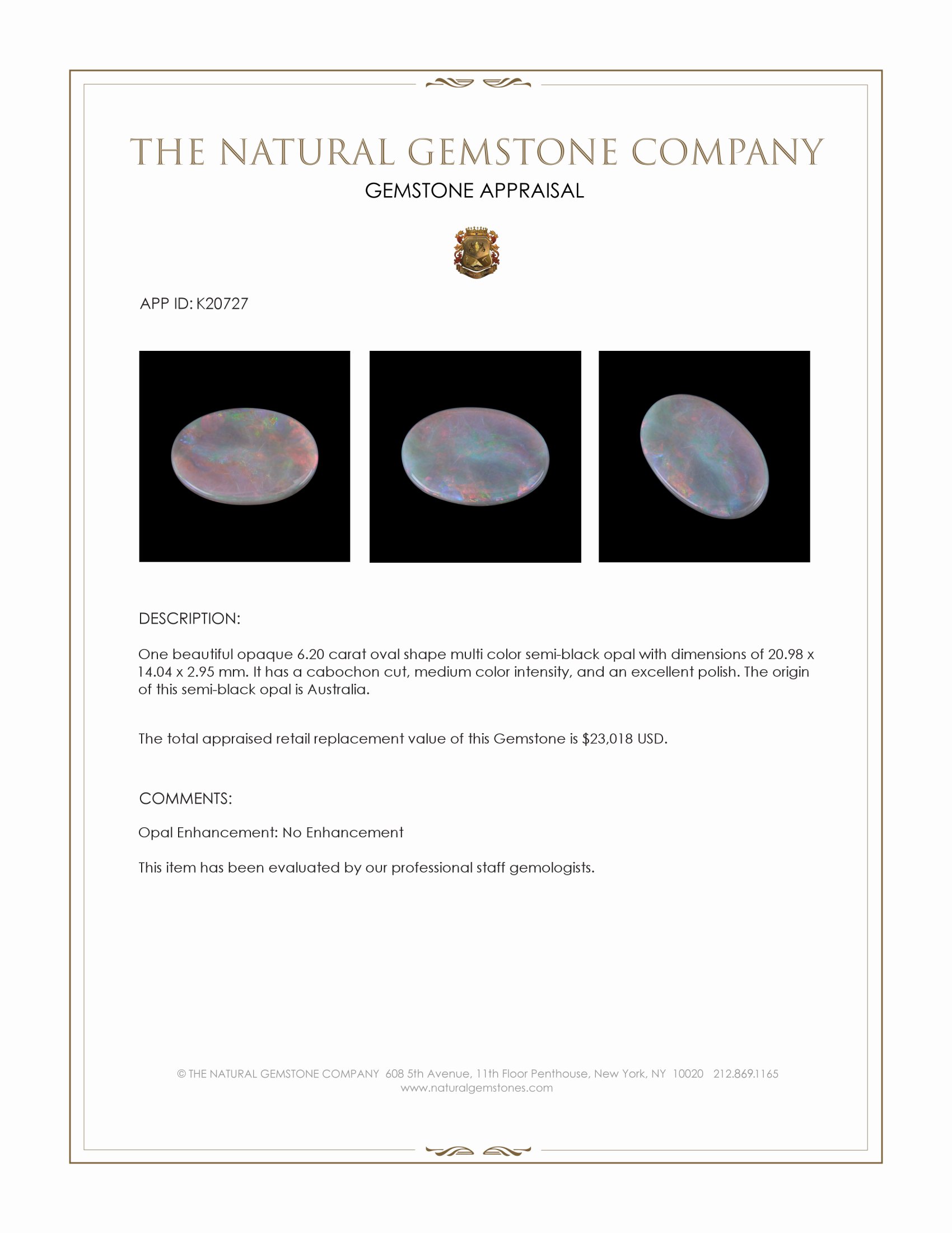 6.20 Ct. Multi Color Cabochon Semi-Black Opal from Australia