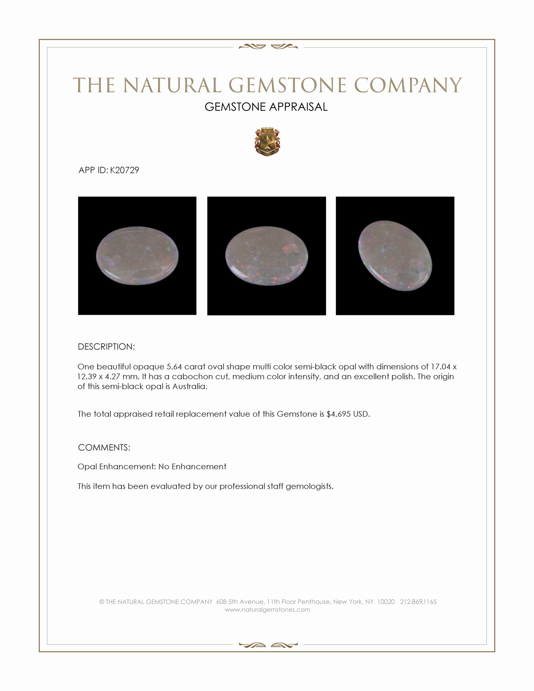 5.64 Ct. Cabochon Semi-Black Opal from Australia