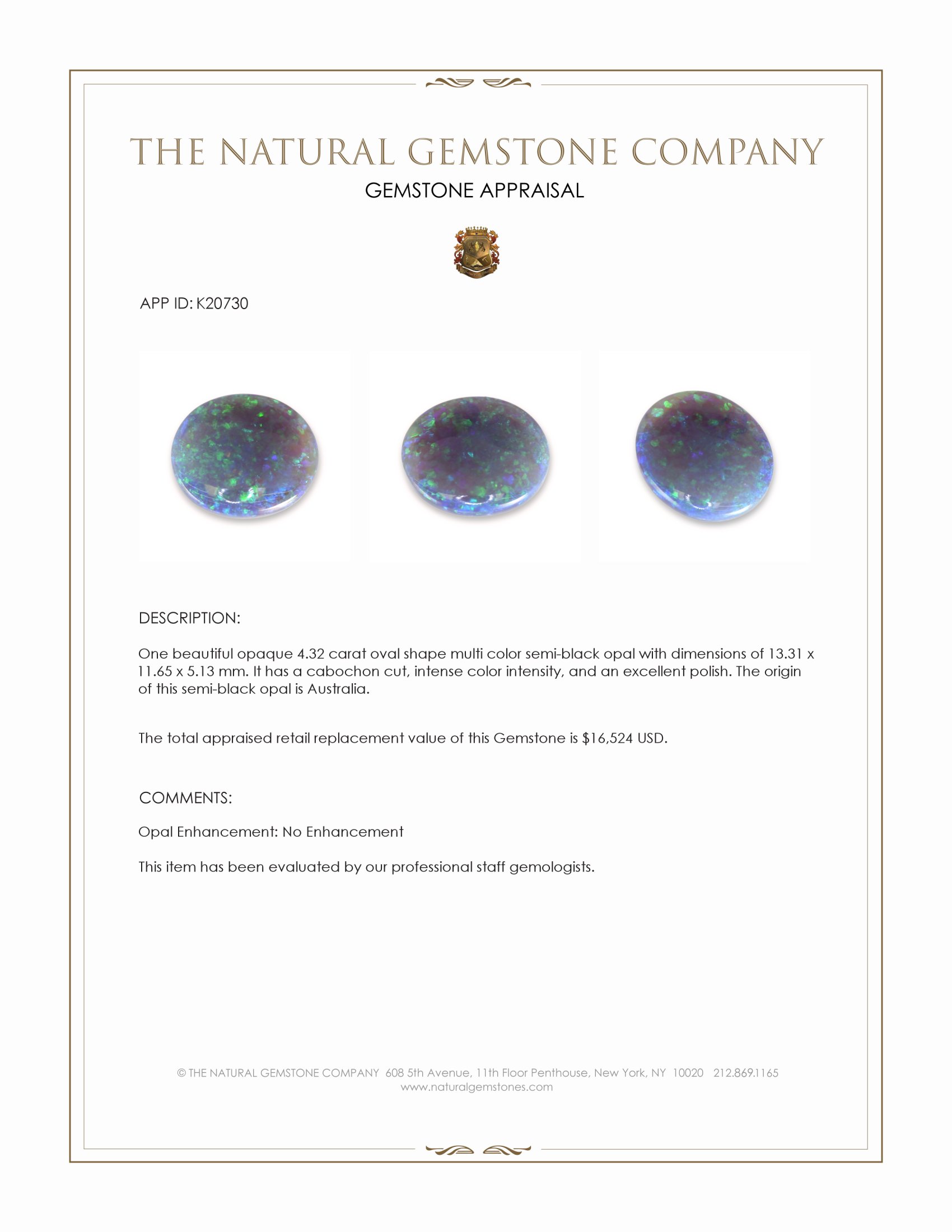 4.32 Ct. Cabochon Semi-Black Opal from Australia