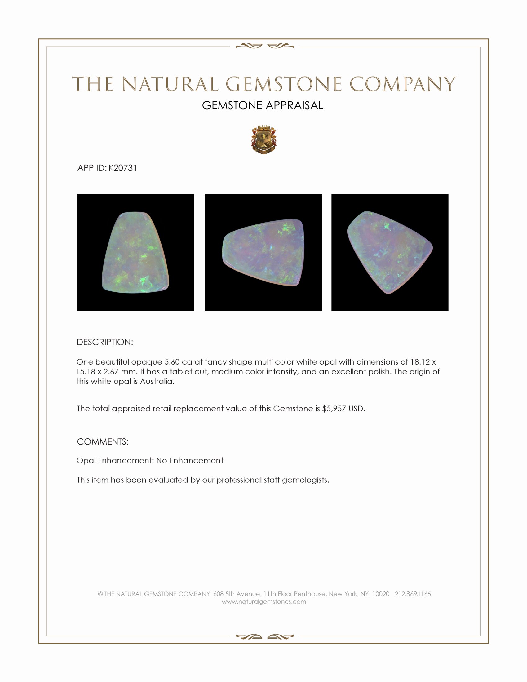 5.60 Ct. White Opal from Australia