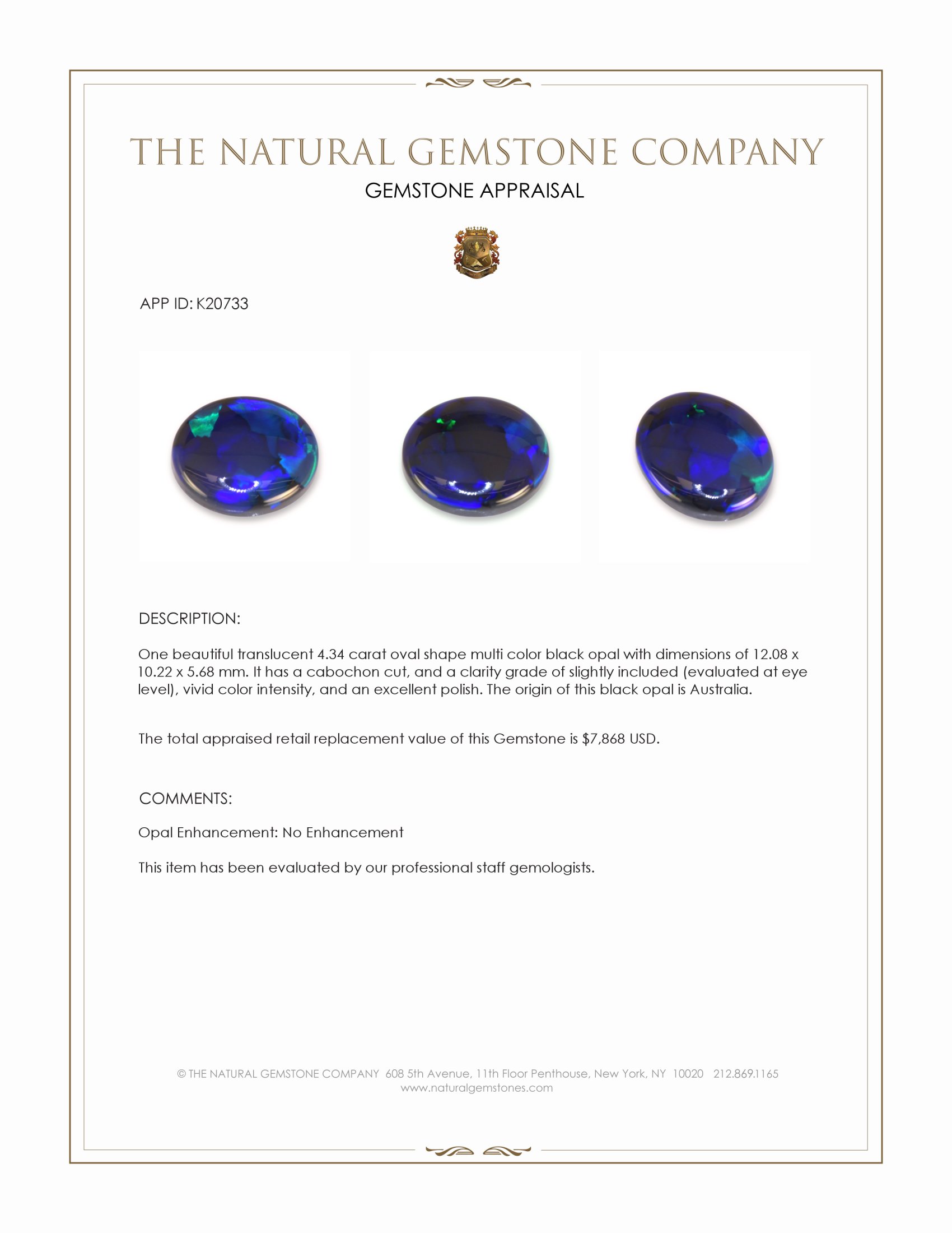 4.34 Ct. Multi Color Cabochon Black Opal (Dark Opal) from Australia