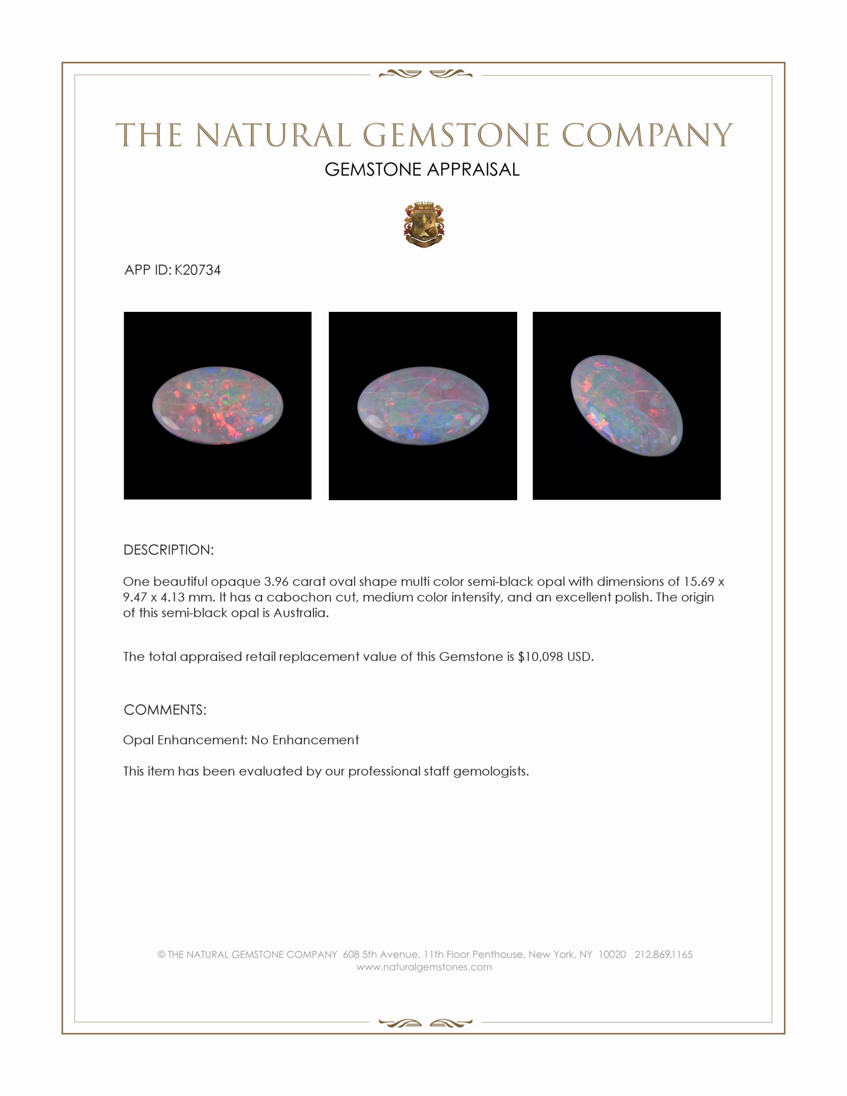 3.96 Ct. Cabochon Semi-Black Opal from Australia