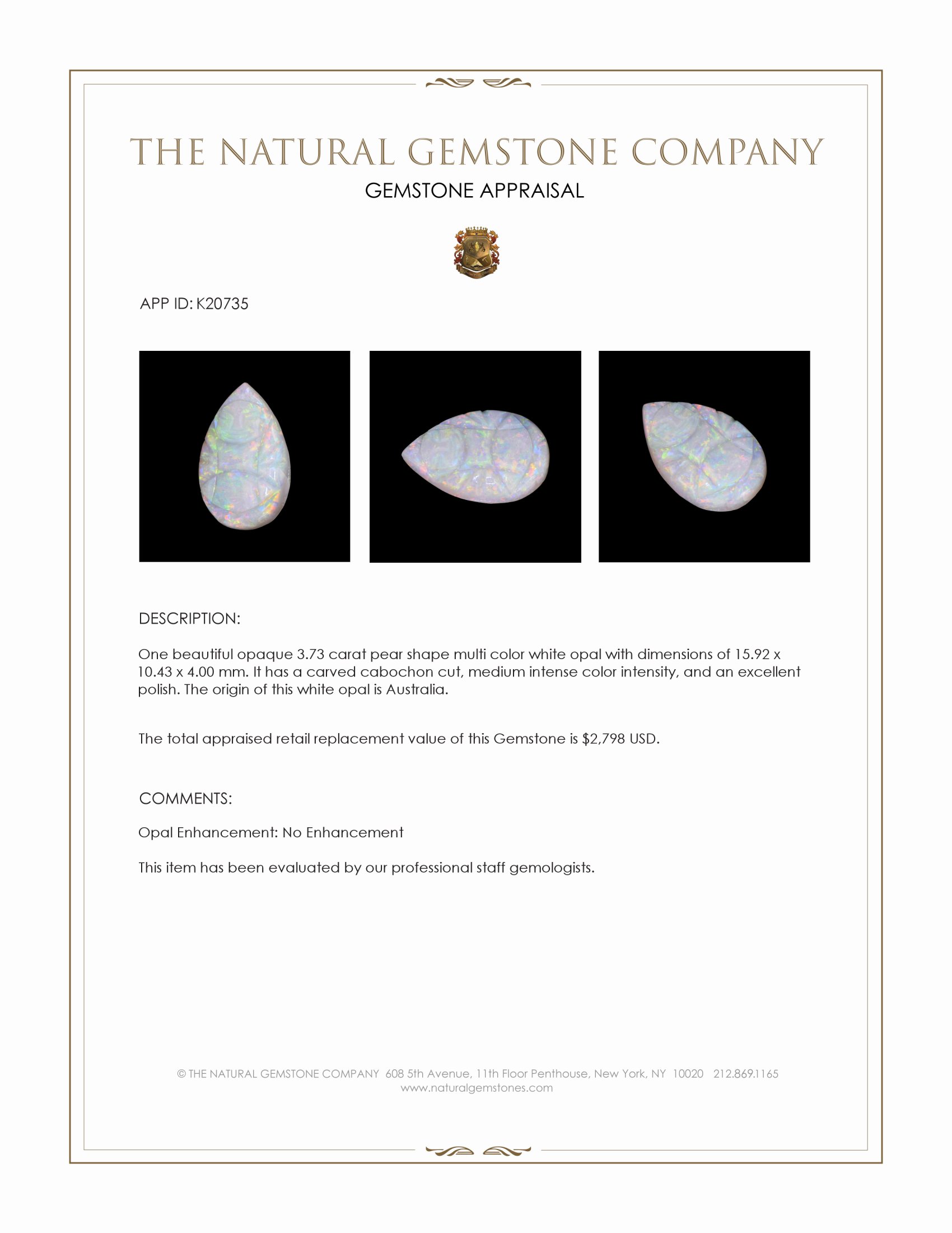 3.73 Ct. Multi Color Cabochon White Opal (Light Opal) from Australia