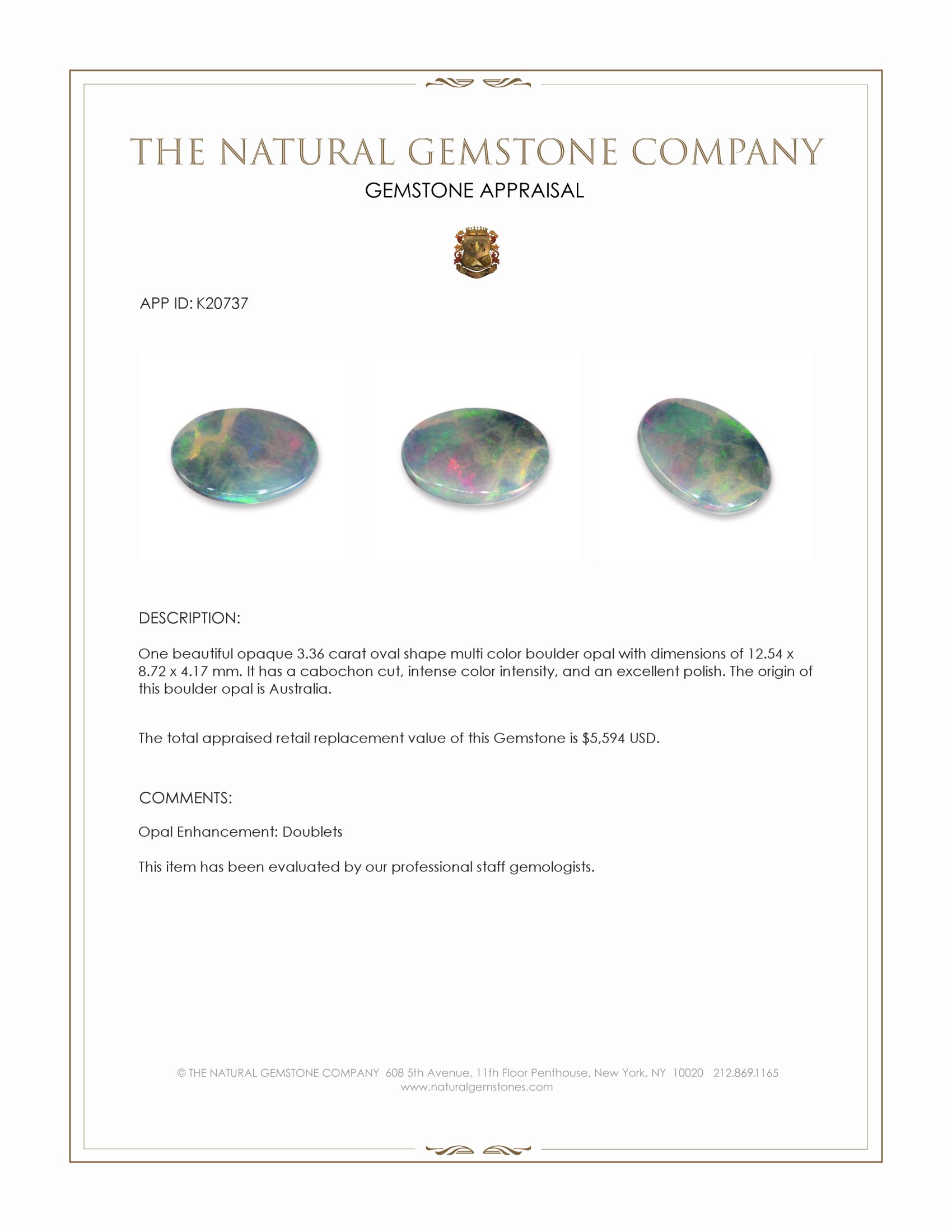 3.36 Ct. Cabochon Boulder Opal from Australia