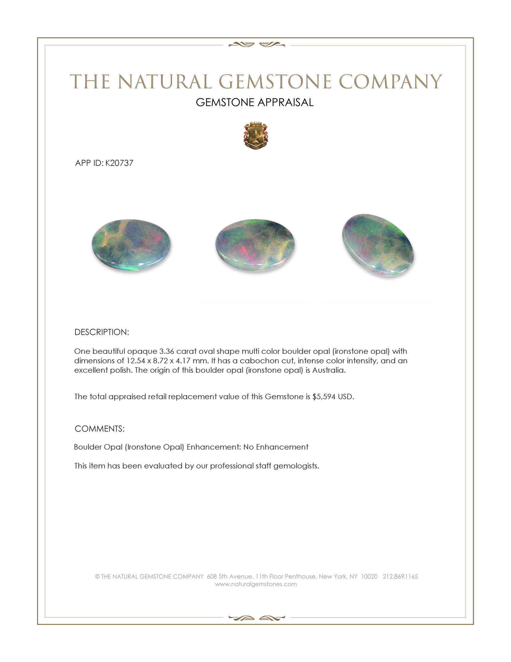 3.36 Ct. Multi Color Cabochon Boulder Opal (Ironstone Opal) from Australia