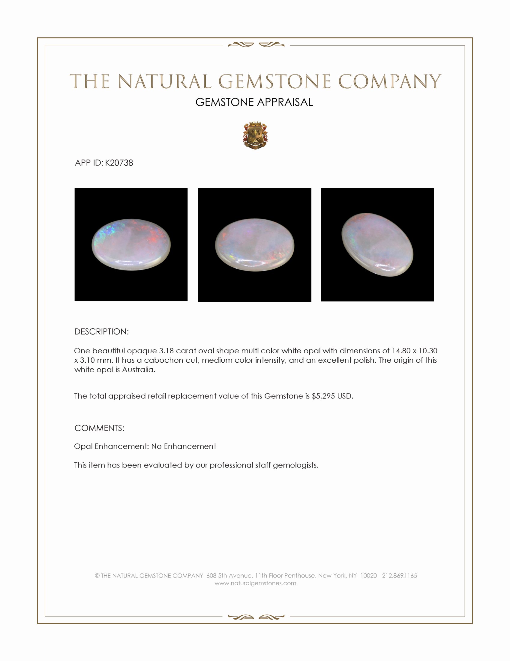 3.18 Ct. Multi Color Cabochon White Opal from Australia