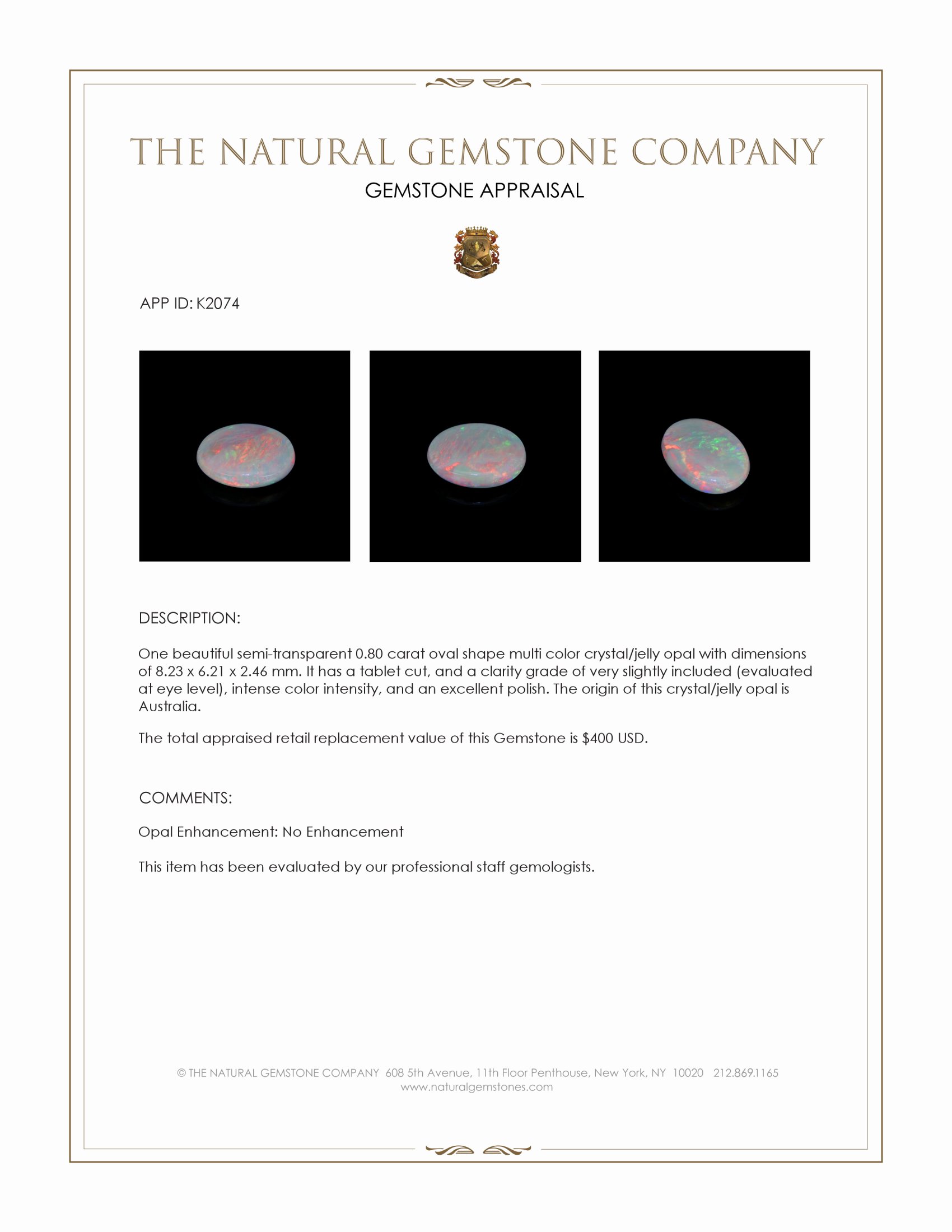 0.80 Ct. Crystal/Jelly Opal from Australia