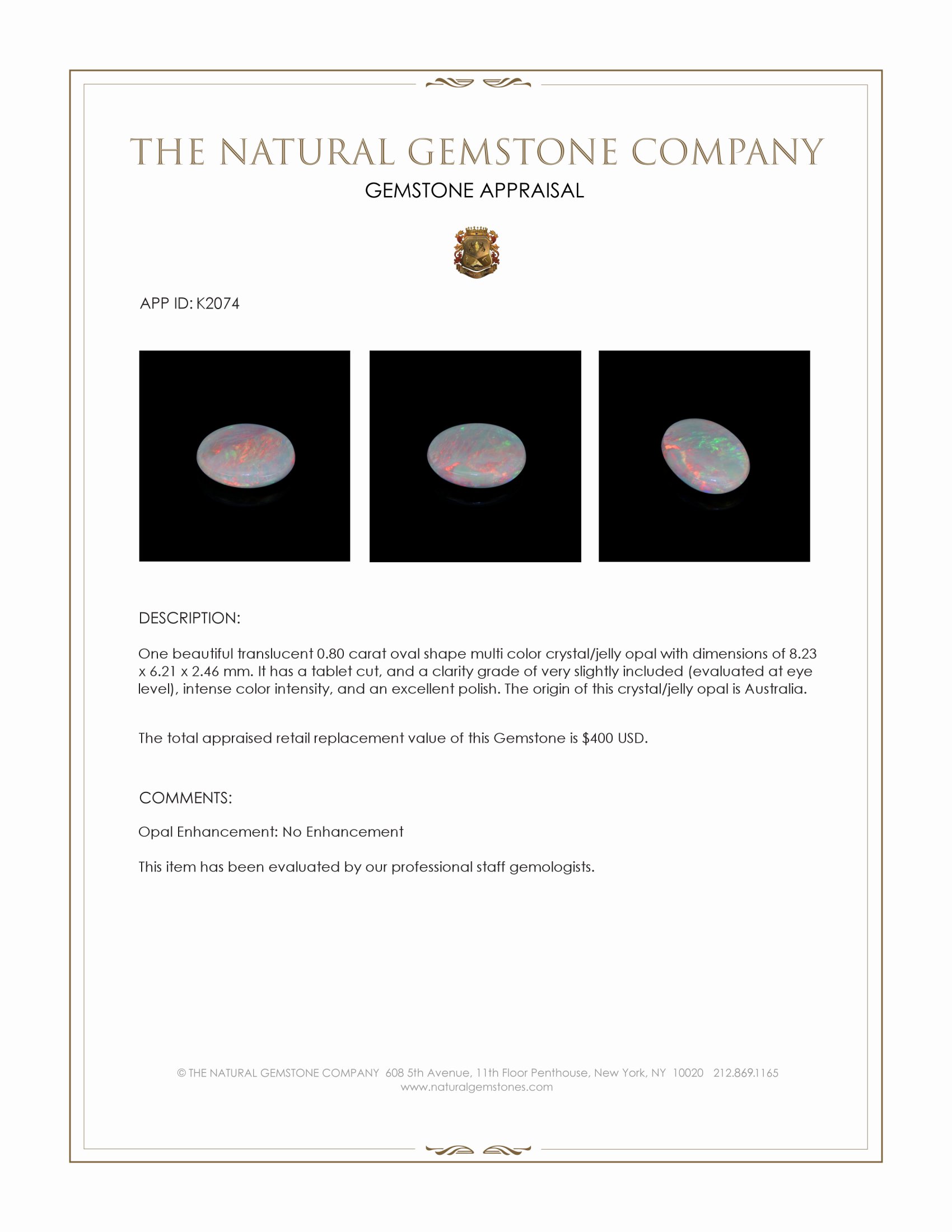 0.80 Ct. Multi Color Crystal/Jelly Opal from Australia