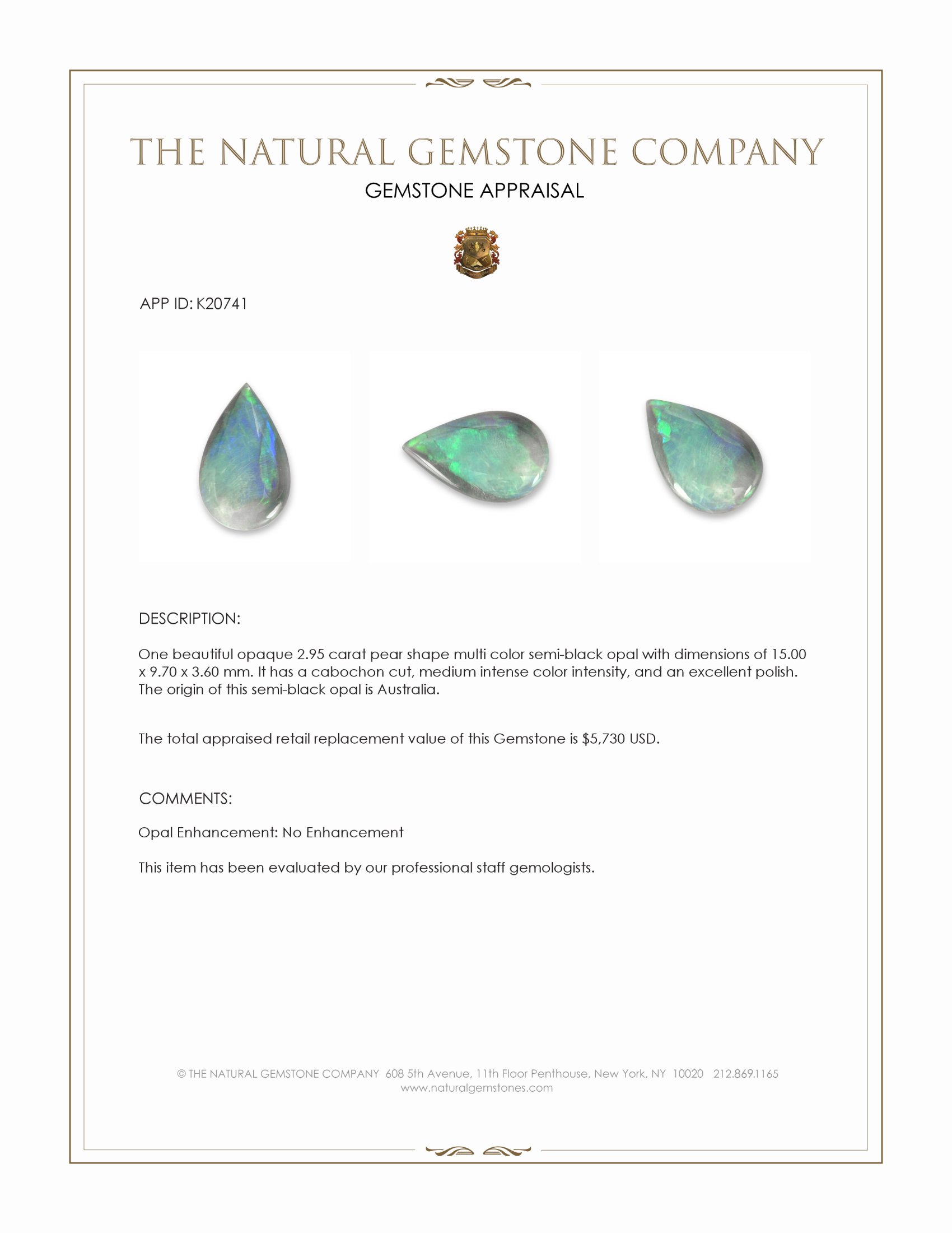 2.95 Ct. Cabochon Semi-Black Opal from Australia