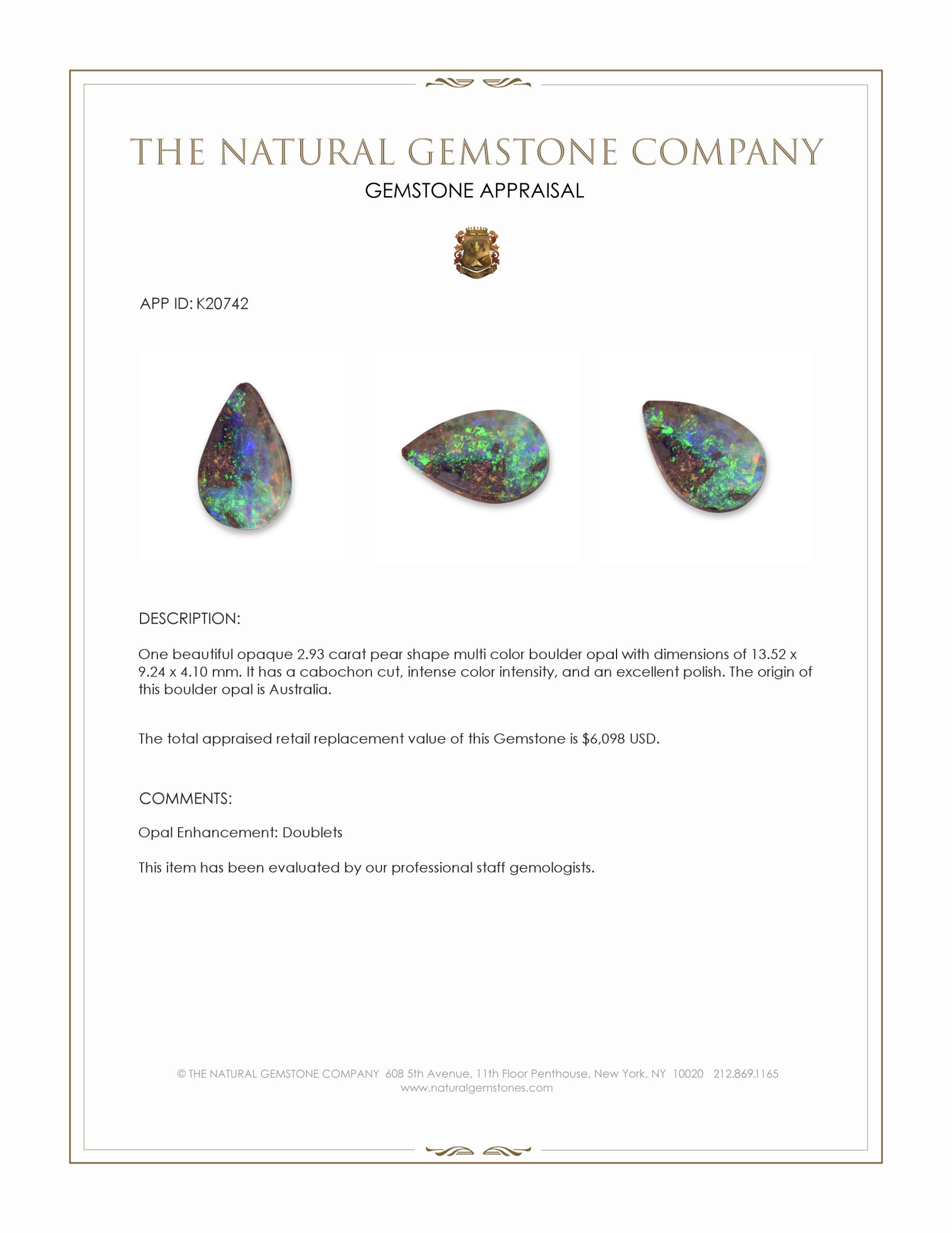 2.93 Ct. Multi Color Cabochon Boulder Opal from Australia