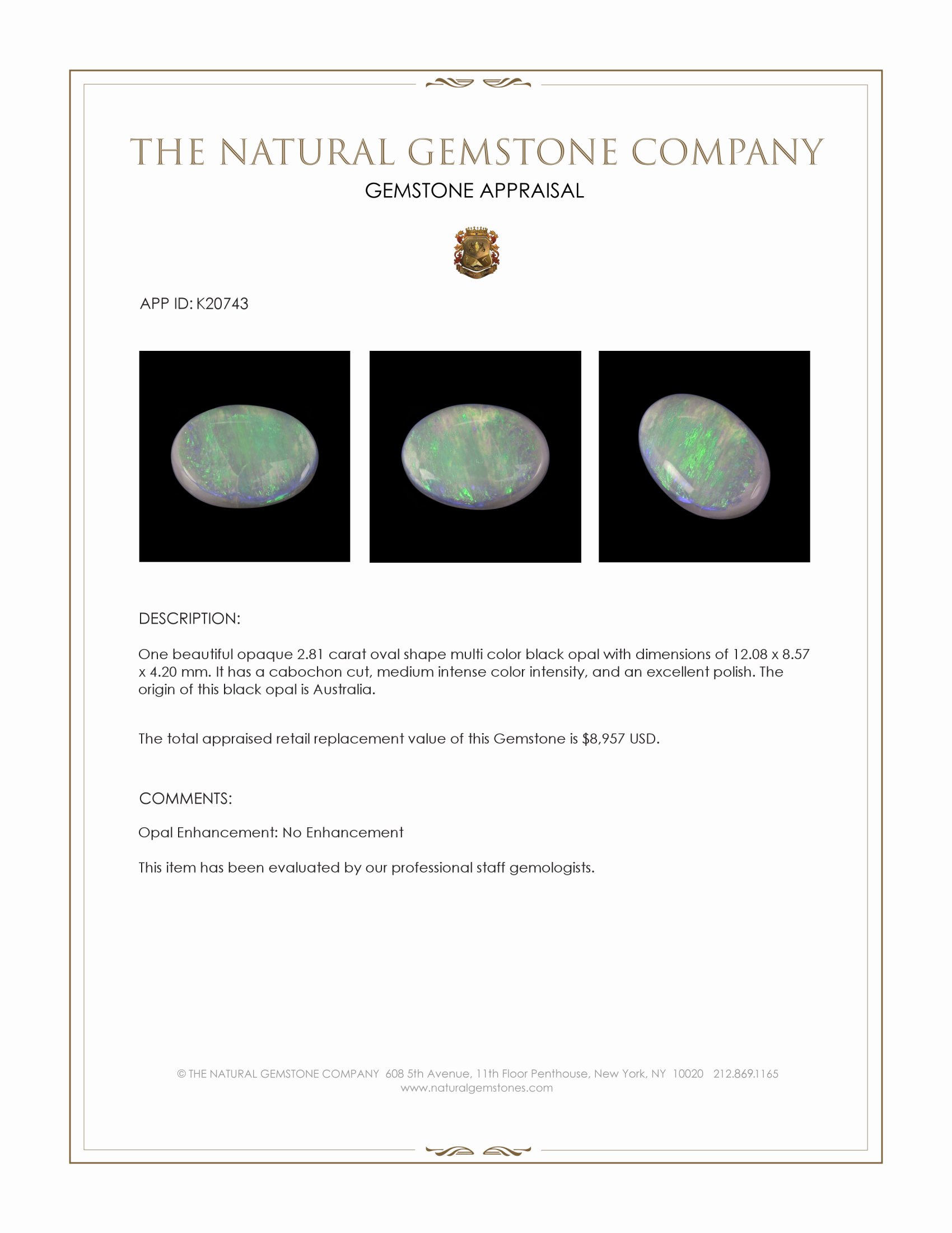 2.81 Ct. Cabochon Black Opal from Australia