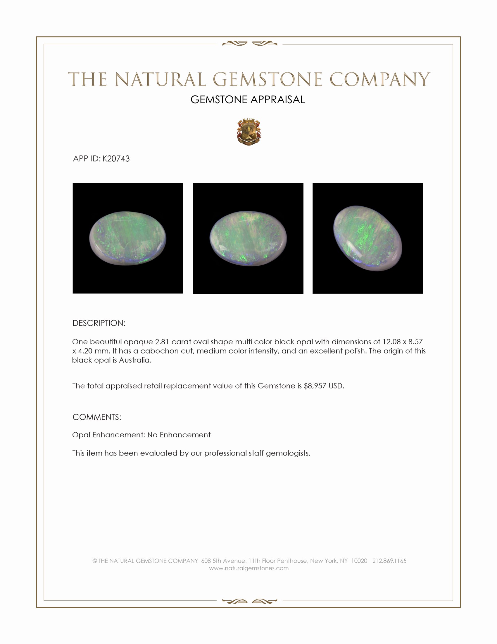 2.81 Ct. Cabochon Black Opal from Australia