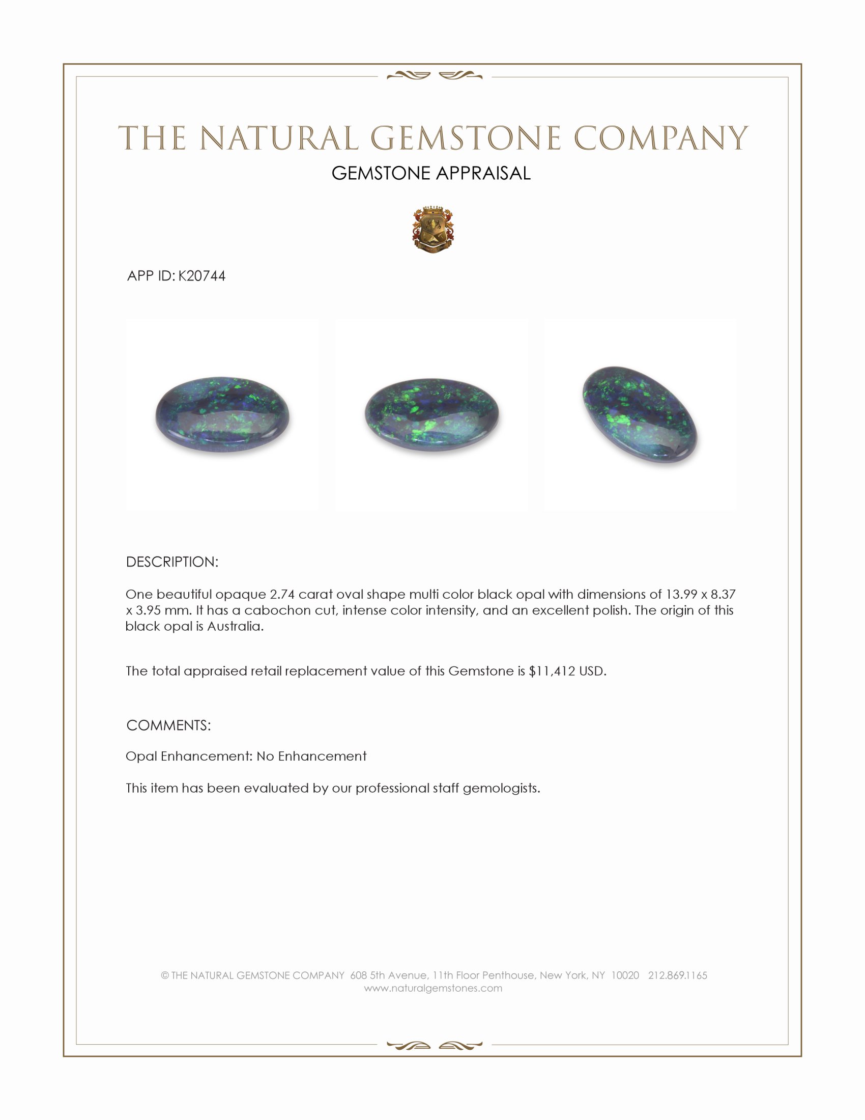 2.74 Ct. Multi Color Cabochon Black Opal (Dark Opal) from Australia
