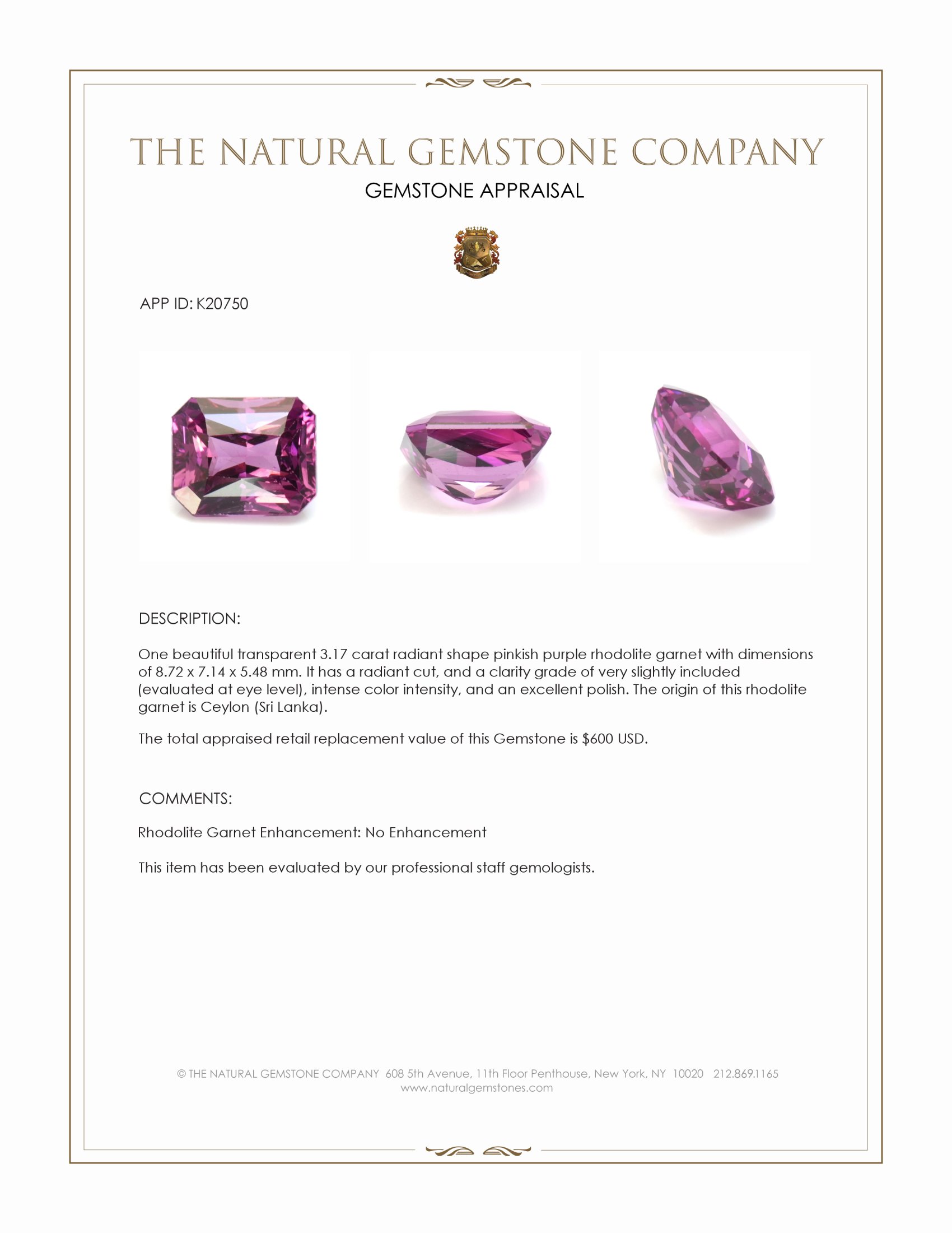 3.17 Ct. Rhodolite Garnet from Ceylon (Sri Lanka)