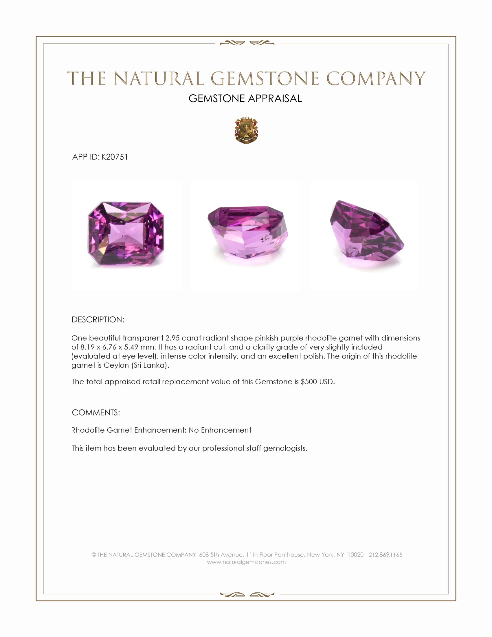 2.95 Ct. Rhodolite Garnet from Ceylon (Sri Lanka)