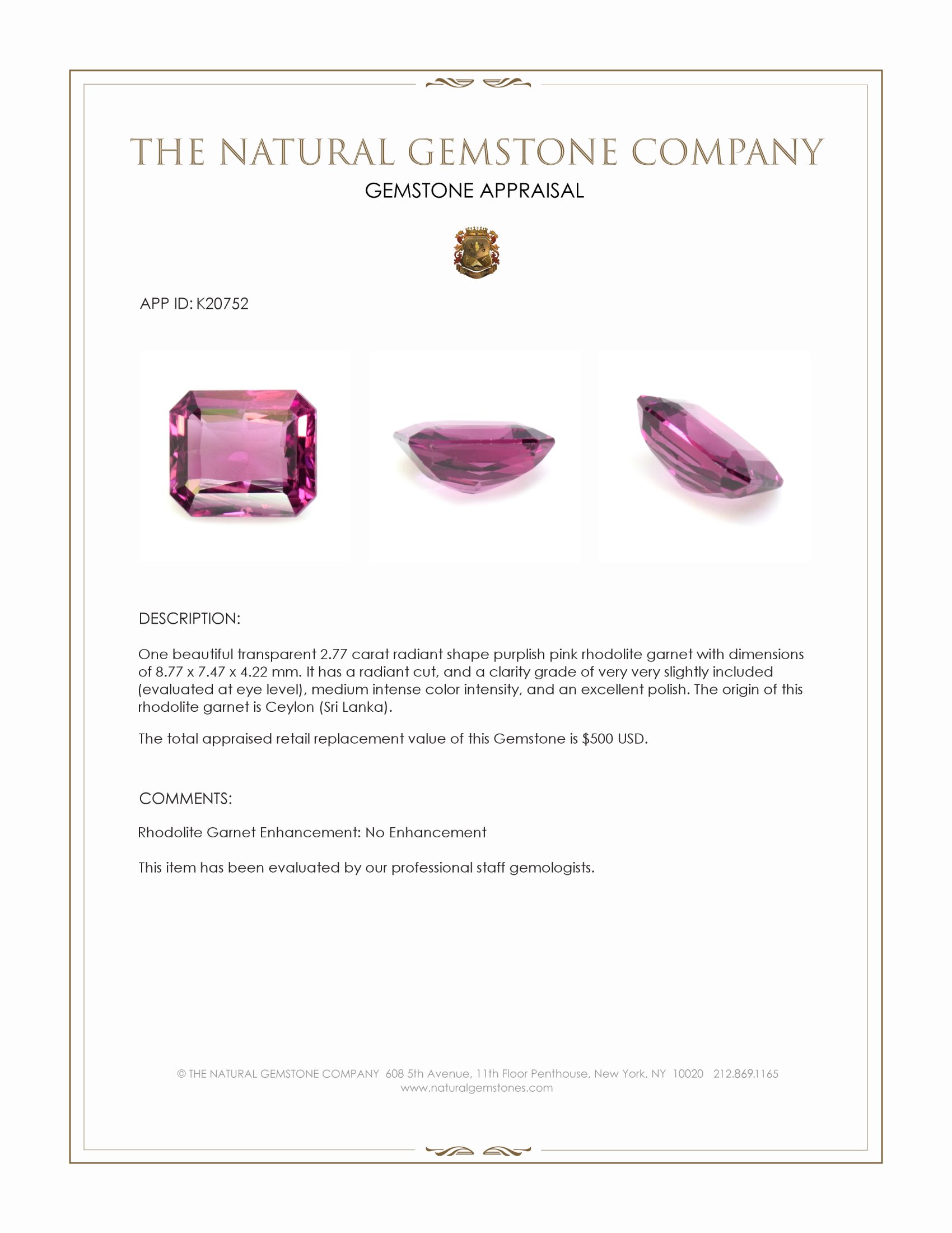 2.77 Ct. Rhodolite Garnet from Ceylon (Sri Lanka)