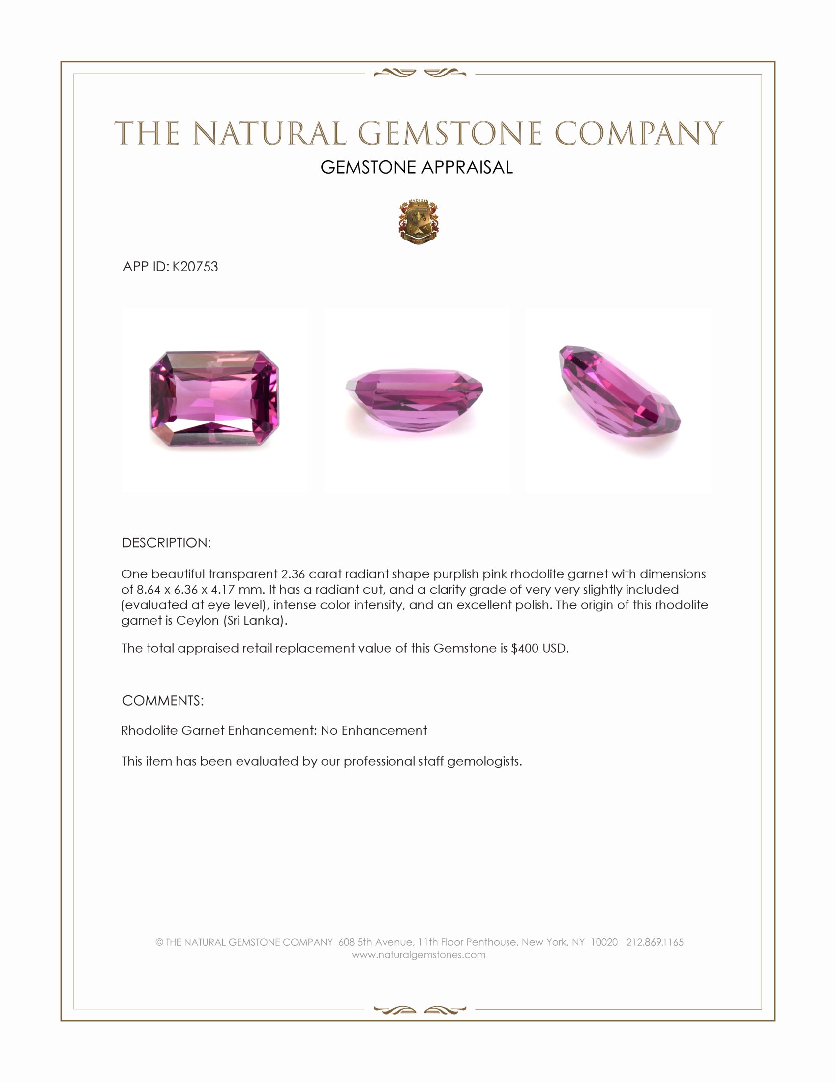 2.36 Ct. Rhodolite Garnet from Ceylon (Sri Lanka)