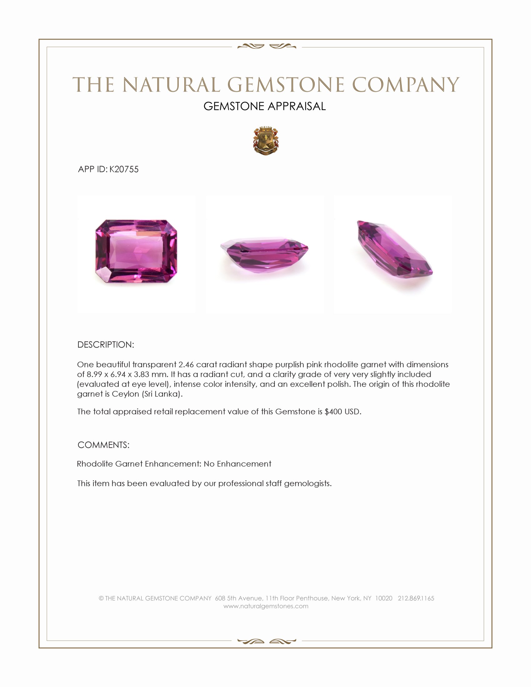 2.46 Ct. Rhodolite Garnet from Ceylon (Sri Lanka)