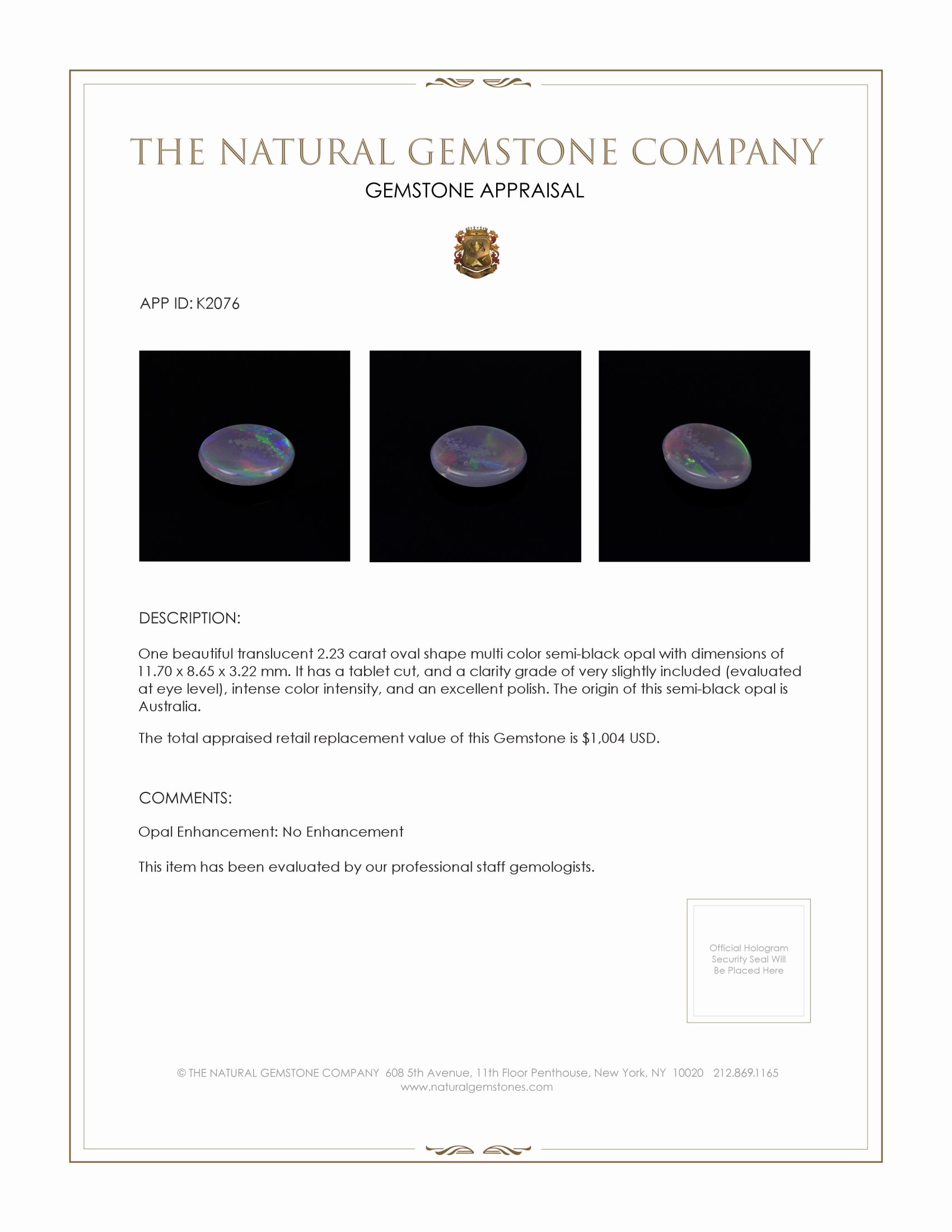 2.23 Ct. Semi-Black Opal from Australia