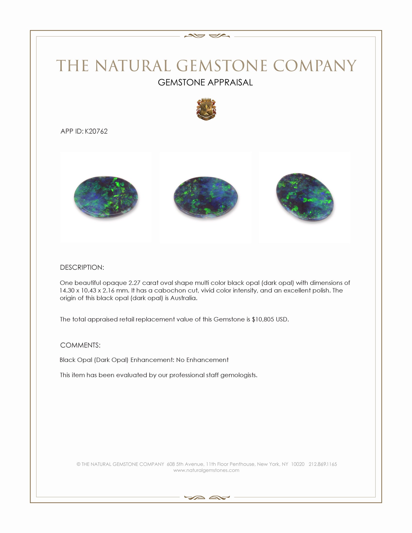 2.27 Ct. Multi Color Cabochon Black Opal (Dark Opal) from Australia