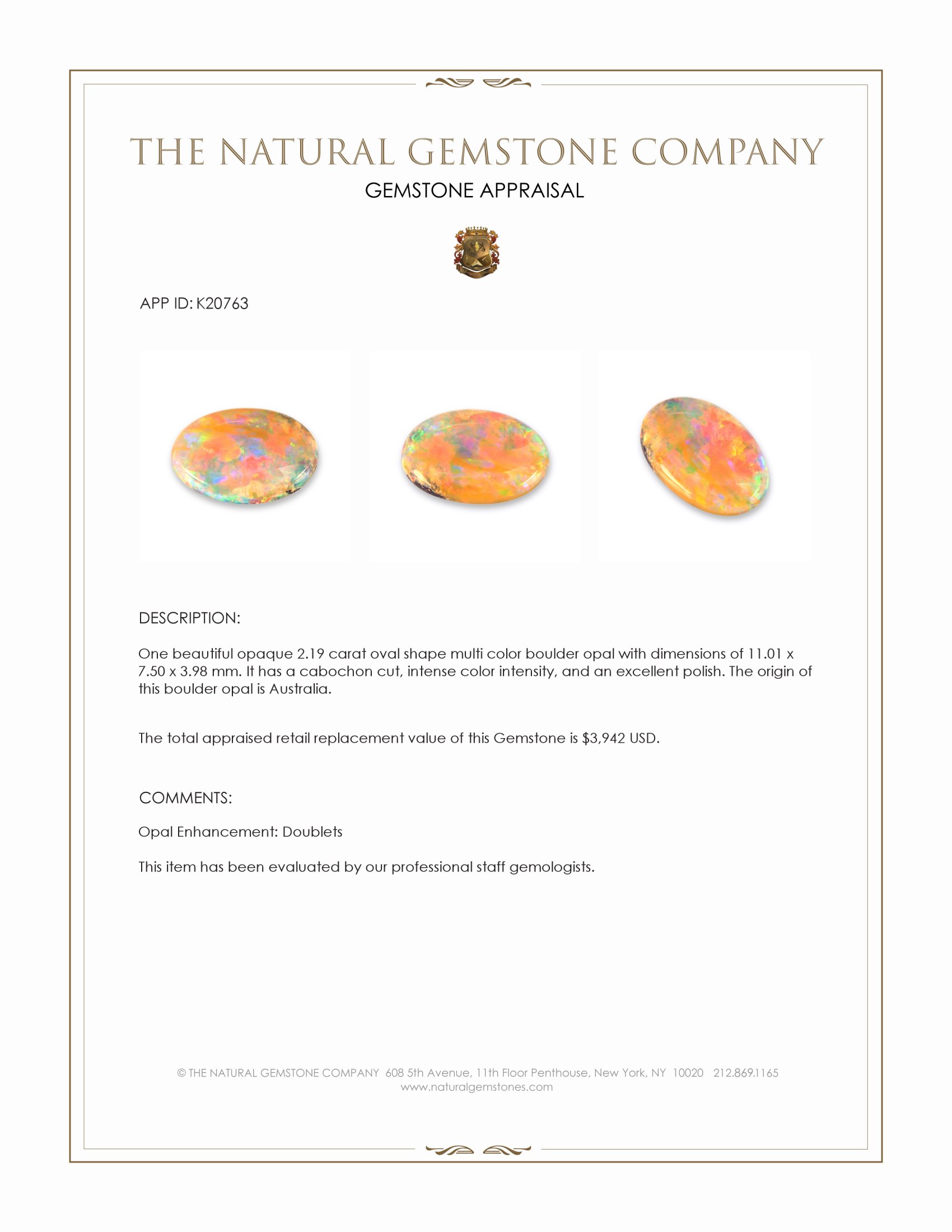 2.19 Ct. Multi Color Cabochon Boulder Opal (Ironstone Opal) from Australia