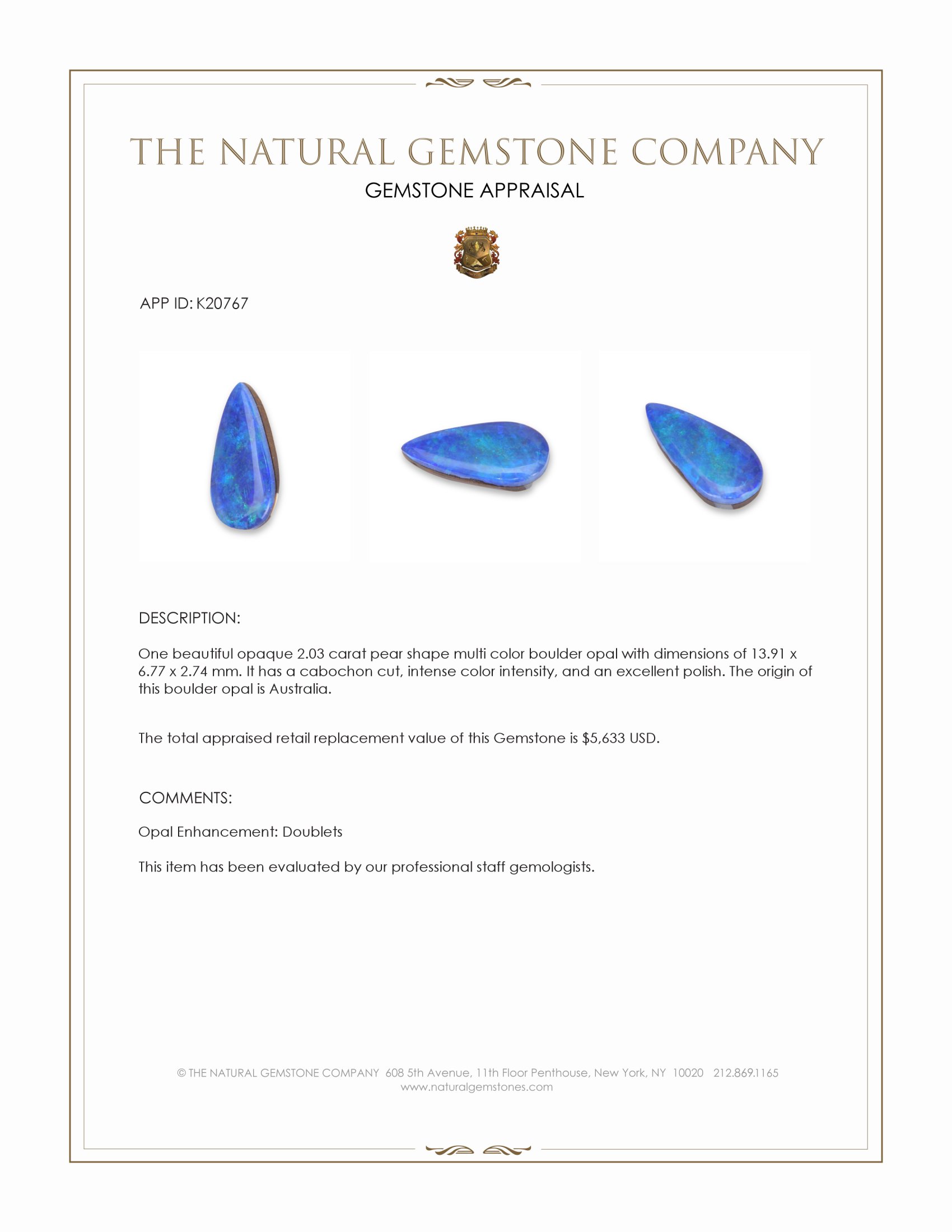 2.03 Ct. Cabochon Boulder Opal from Australia