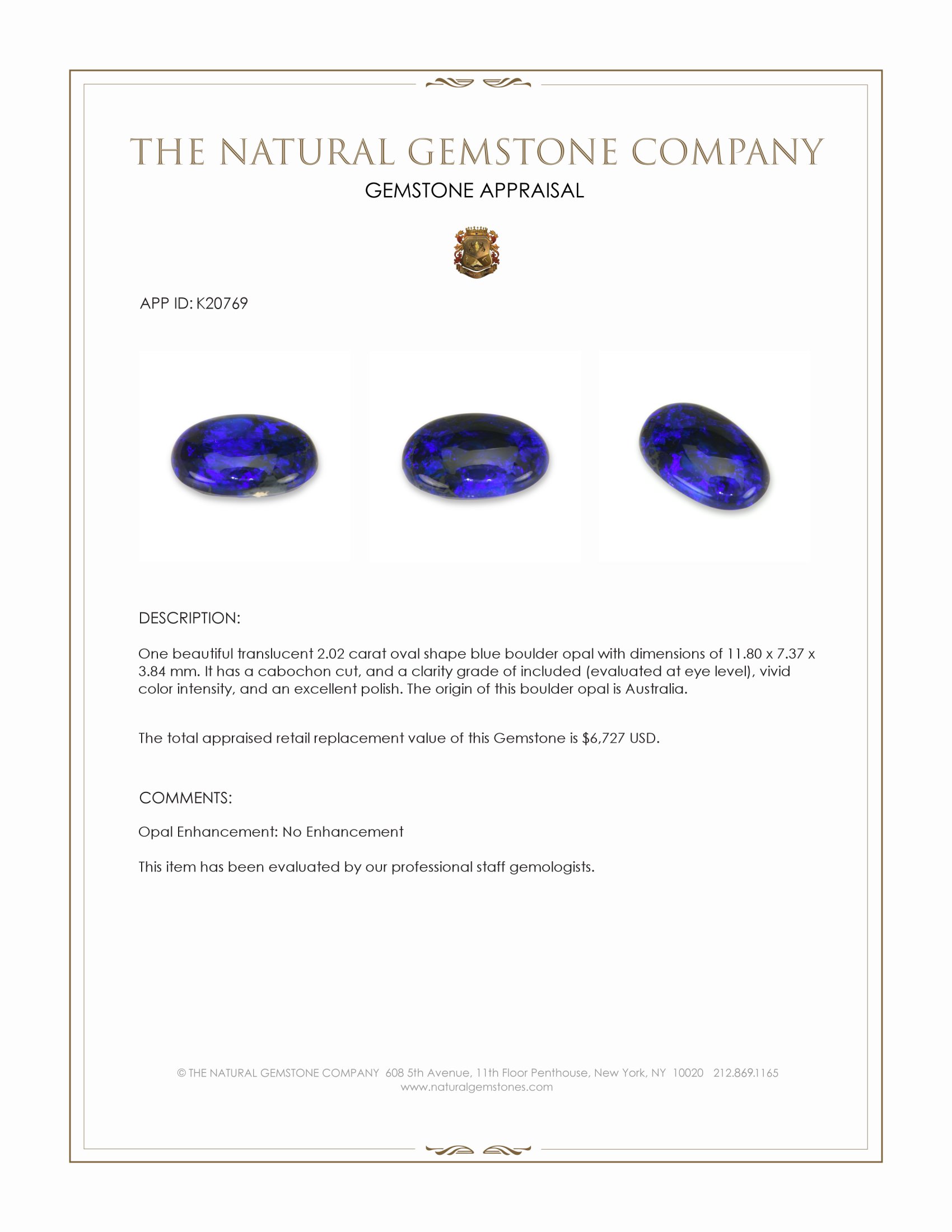 2.02 Ct. Blue Cabochon Boulder Opal (Ironstone Opal) from Australia