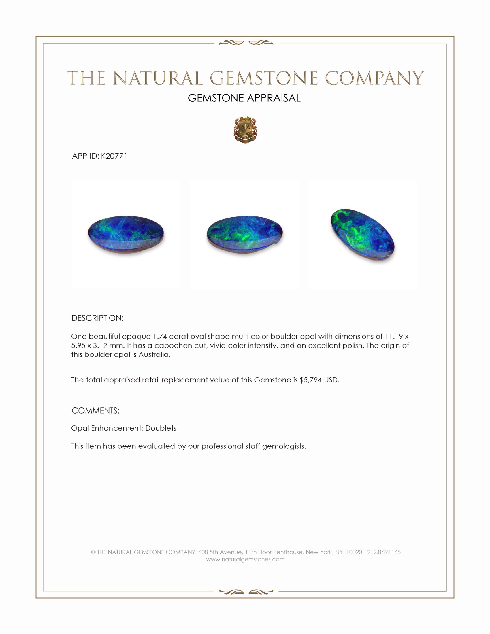 1.74 Ct. Cabochon Boulder Opal from Australia