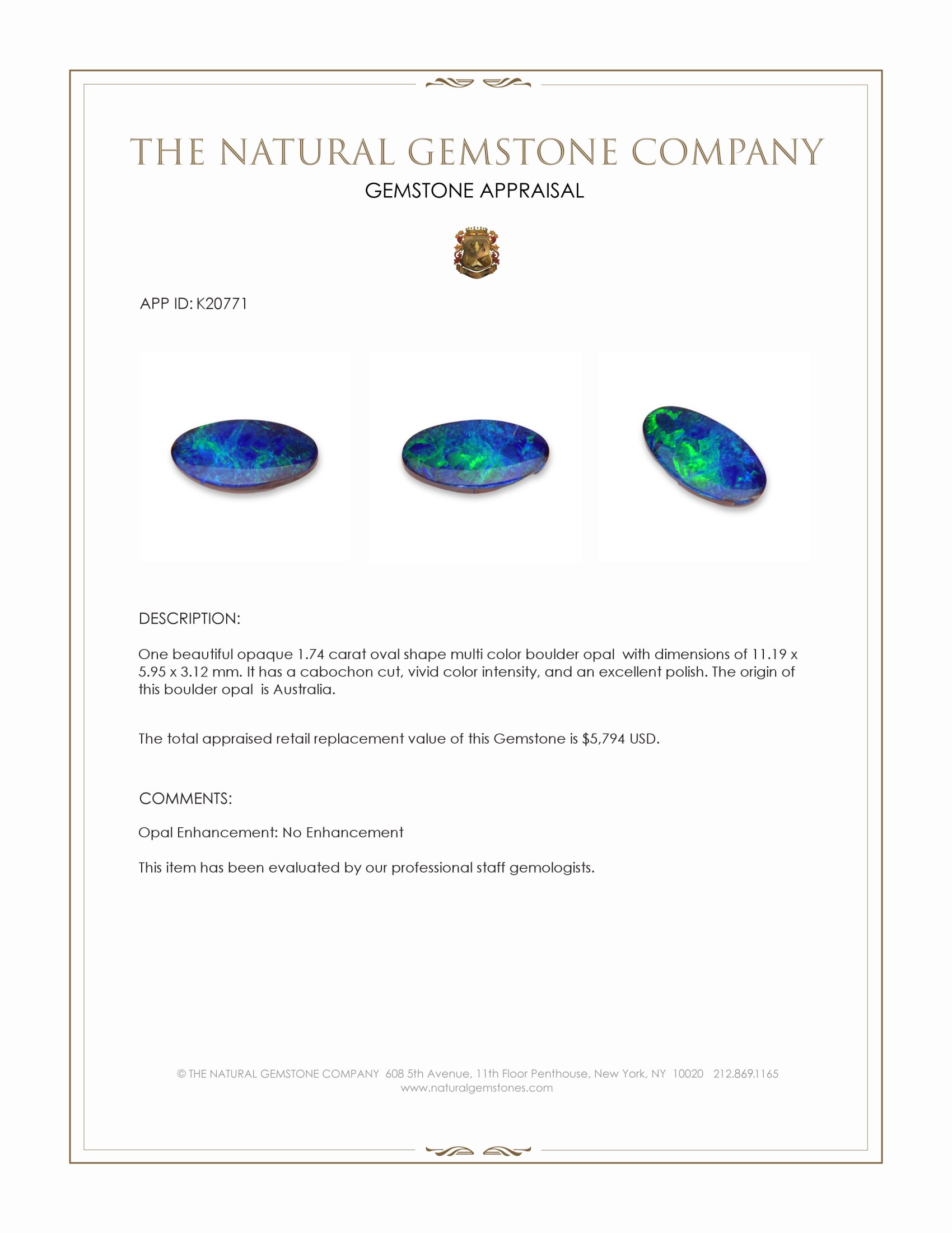 1.74 Ct. Multi Color Cabochon Boulder Opal (Ironstone Opal) from Australia