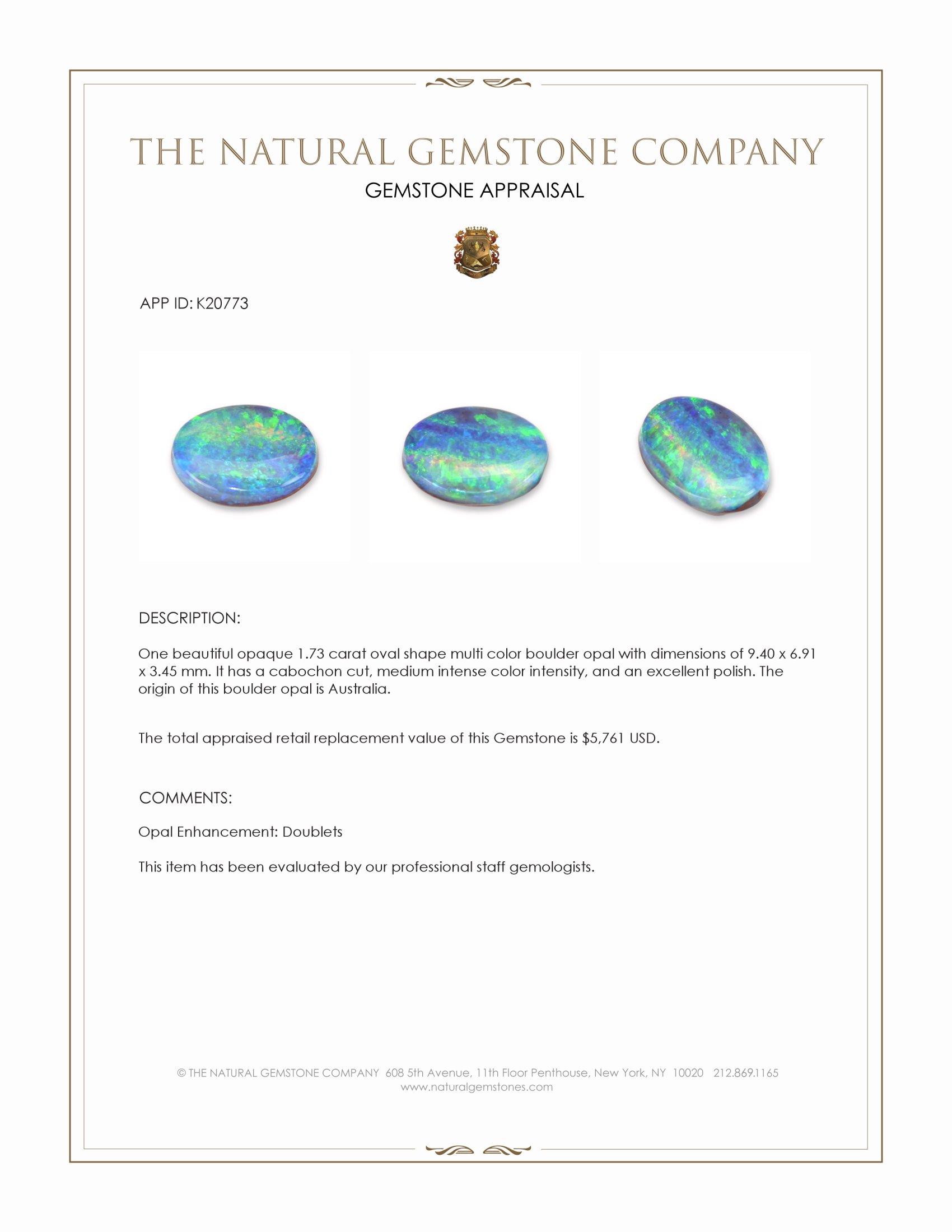 1.73 Ct. Cabochon Boulder Opal from Australia