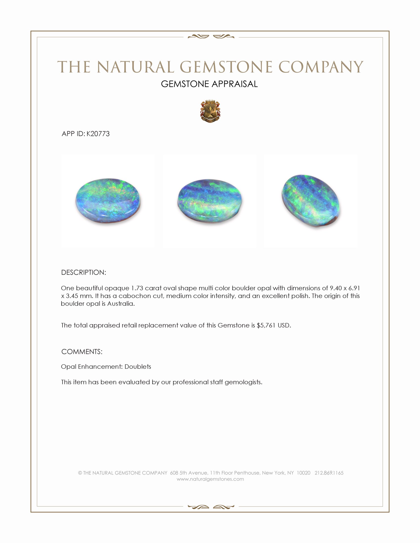 1.73 Ct. Multi Color Cabochon Boulder Opal from Australia