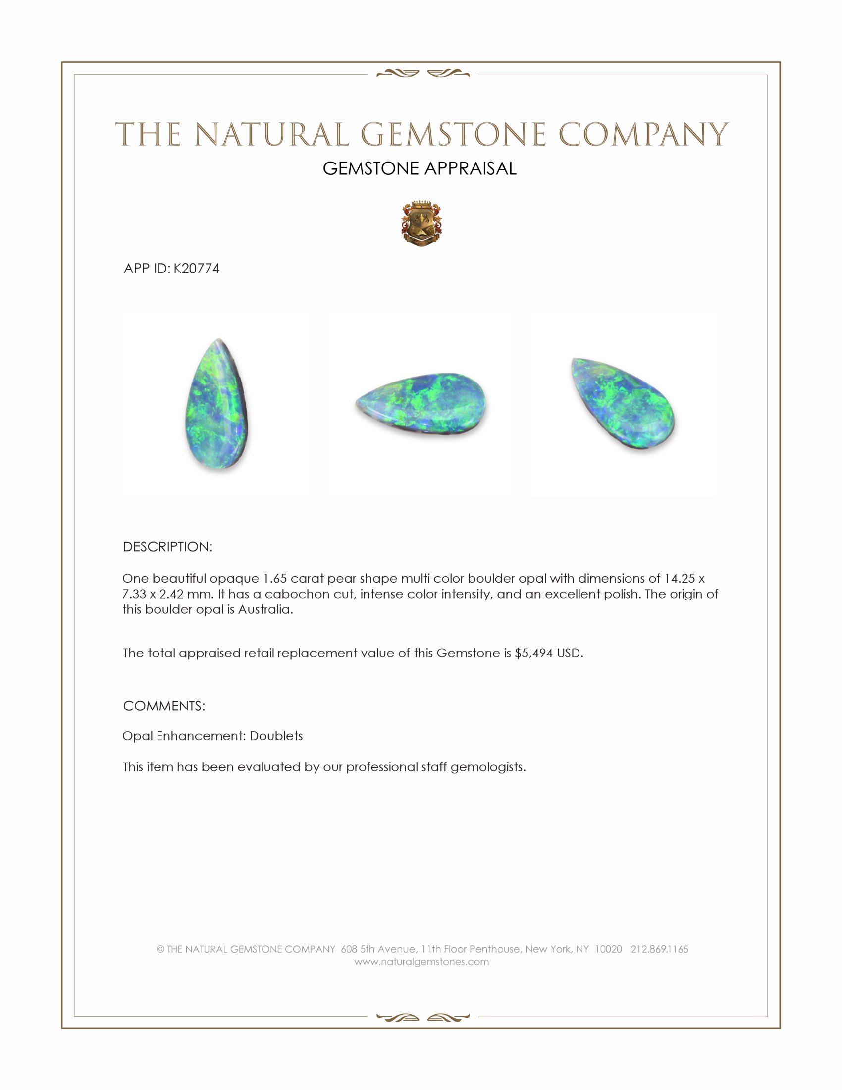 1.65 Ct. Cabochon Boulder Opal from Australia