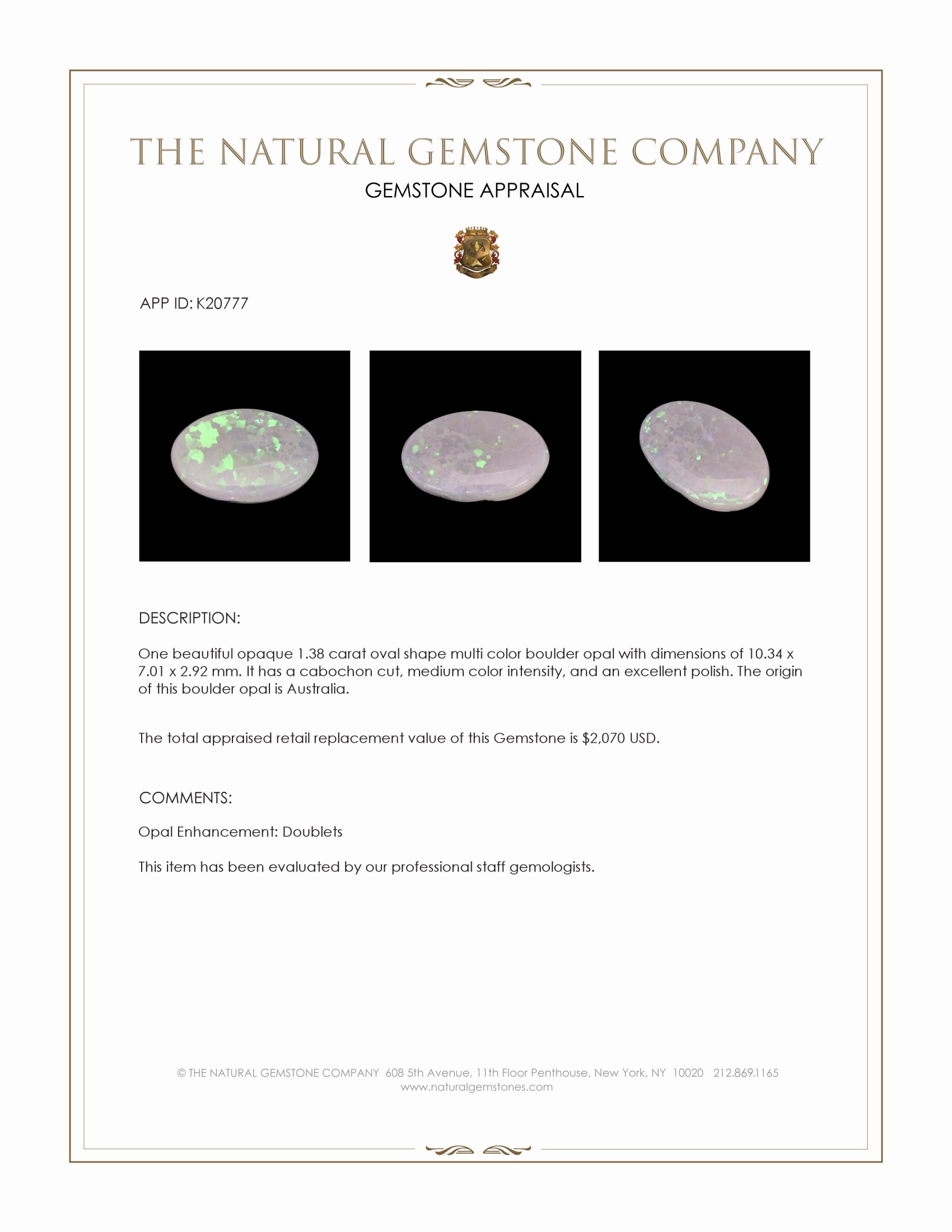 1.38 Ct. Multi Color Cabochon Boulder Opal from Australia