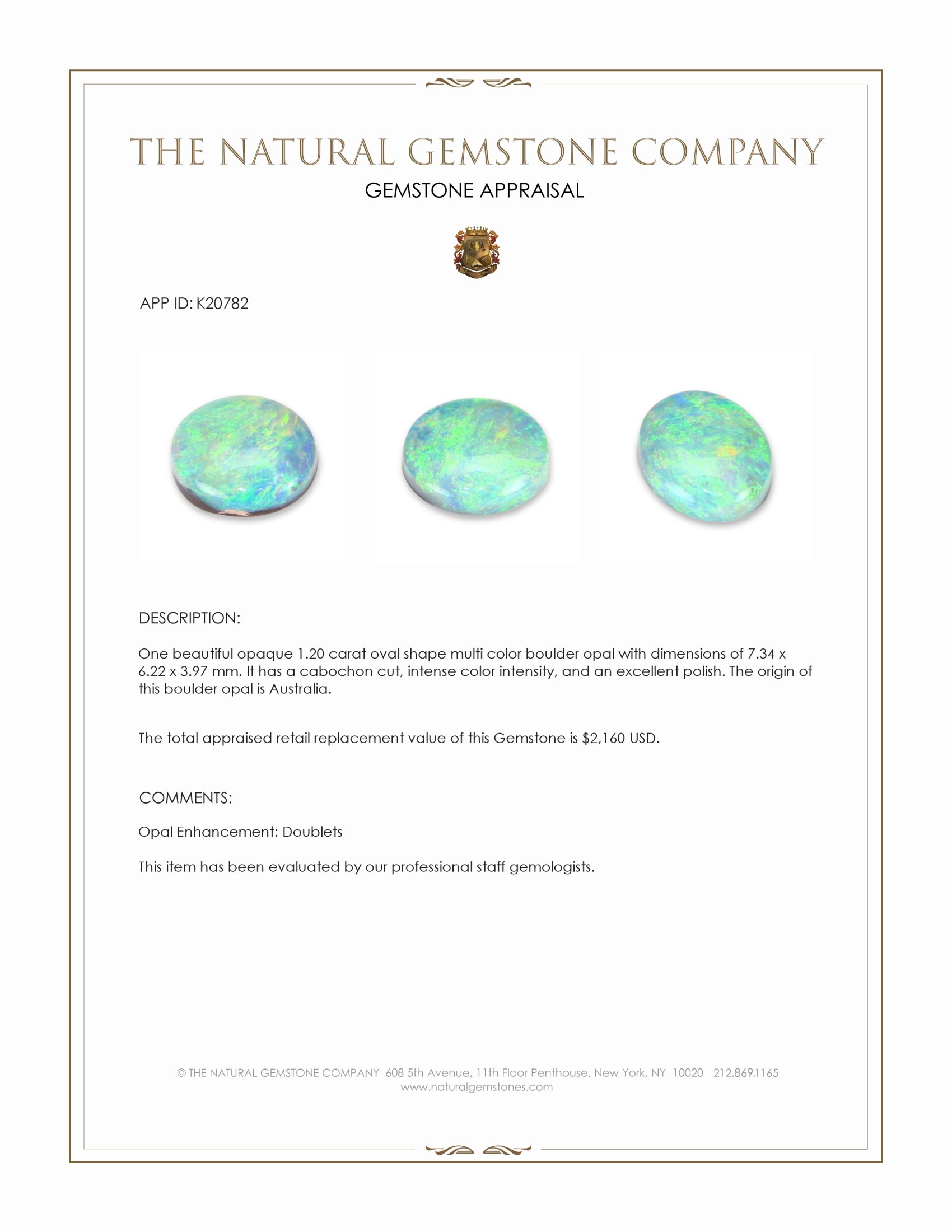 1.20 Ct. Cabochon Boulder Opal from Australia