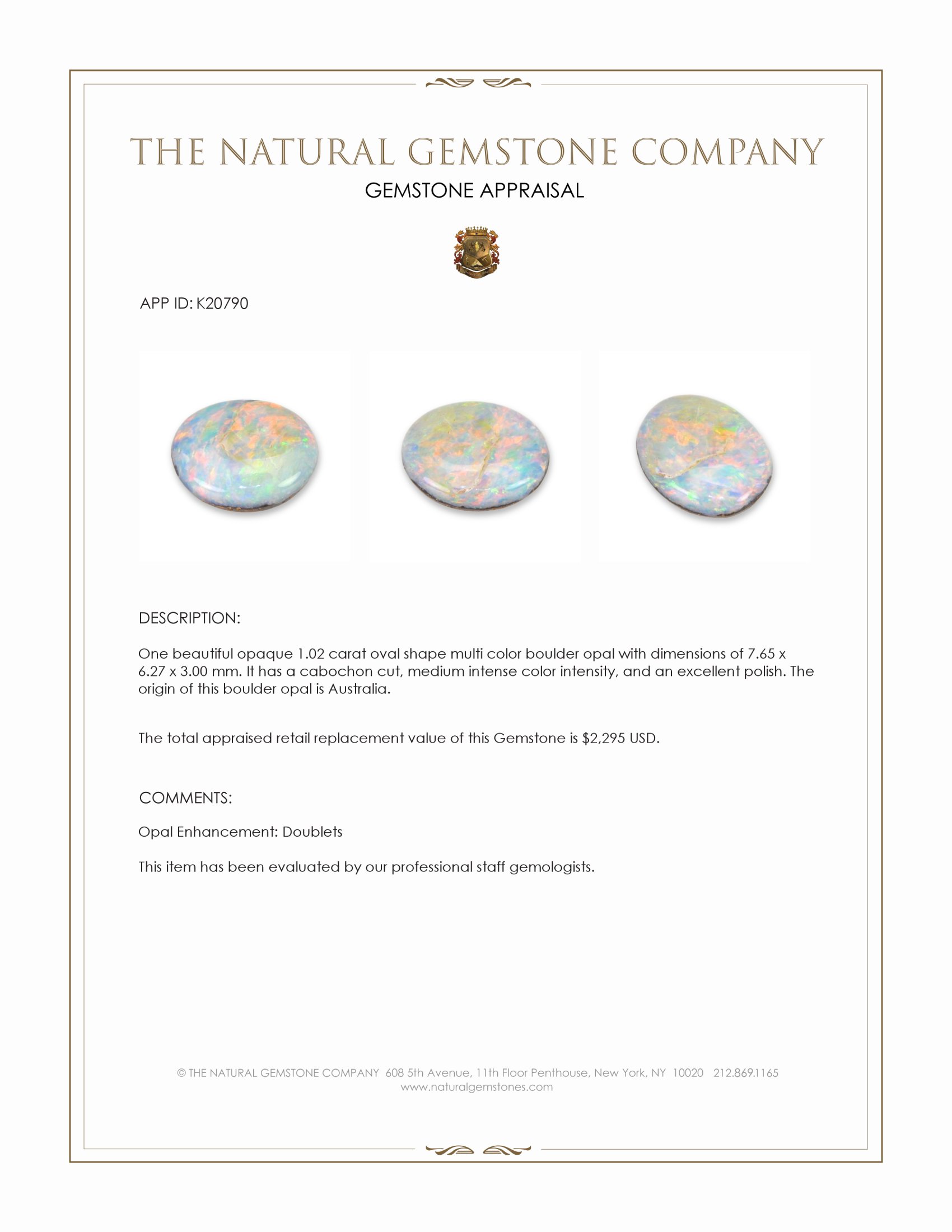 1.02 Ct. Cabochon Boulder Opal from Australia