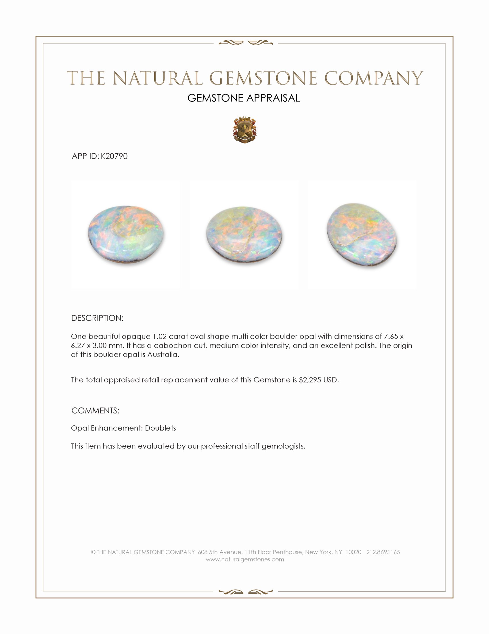 1.02 Ct. Multi Color Cabochon Boulder Opal from Australia