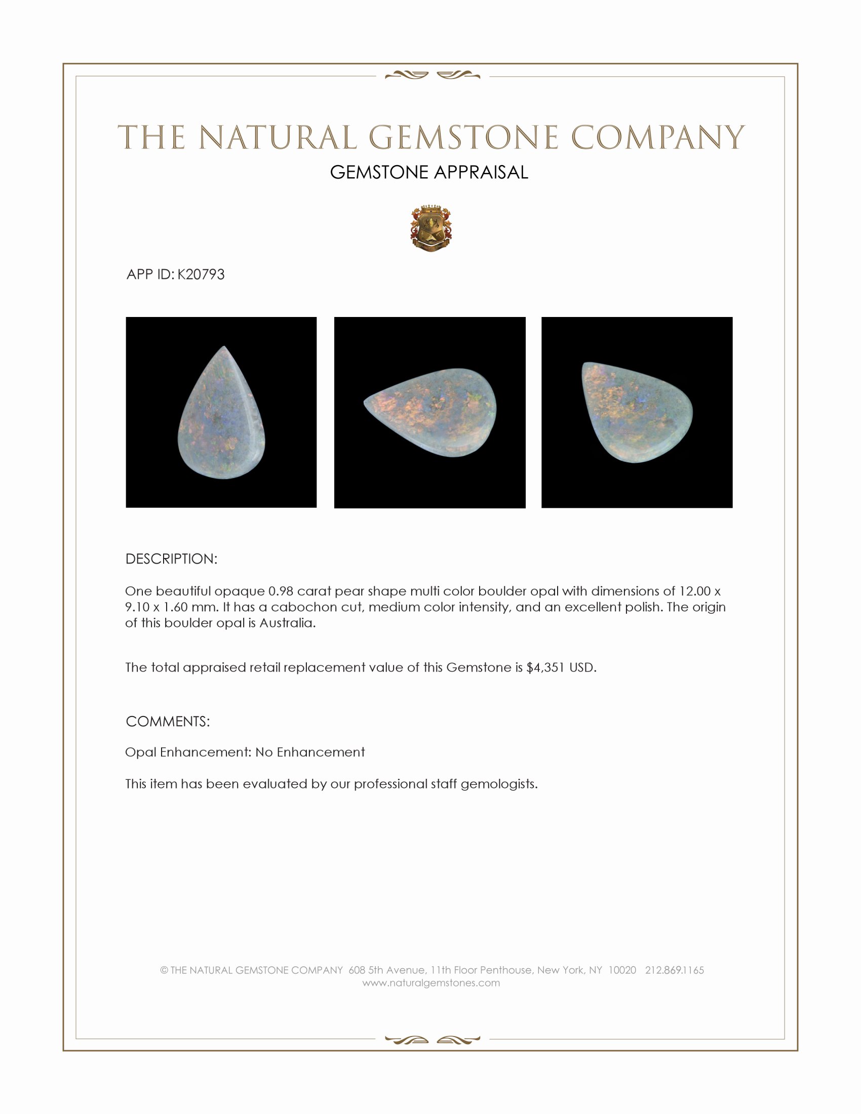 0.98 Ct. Cabochon Boulder Opal from Australia