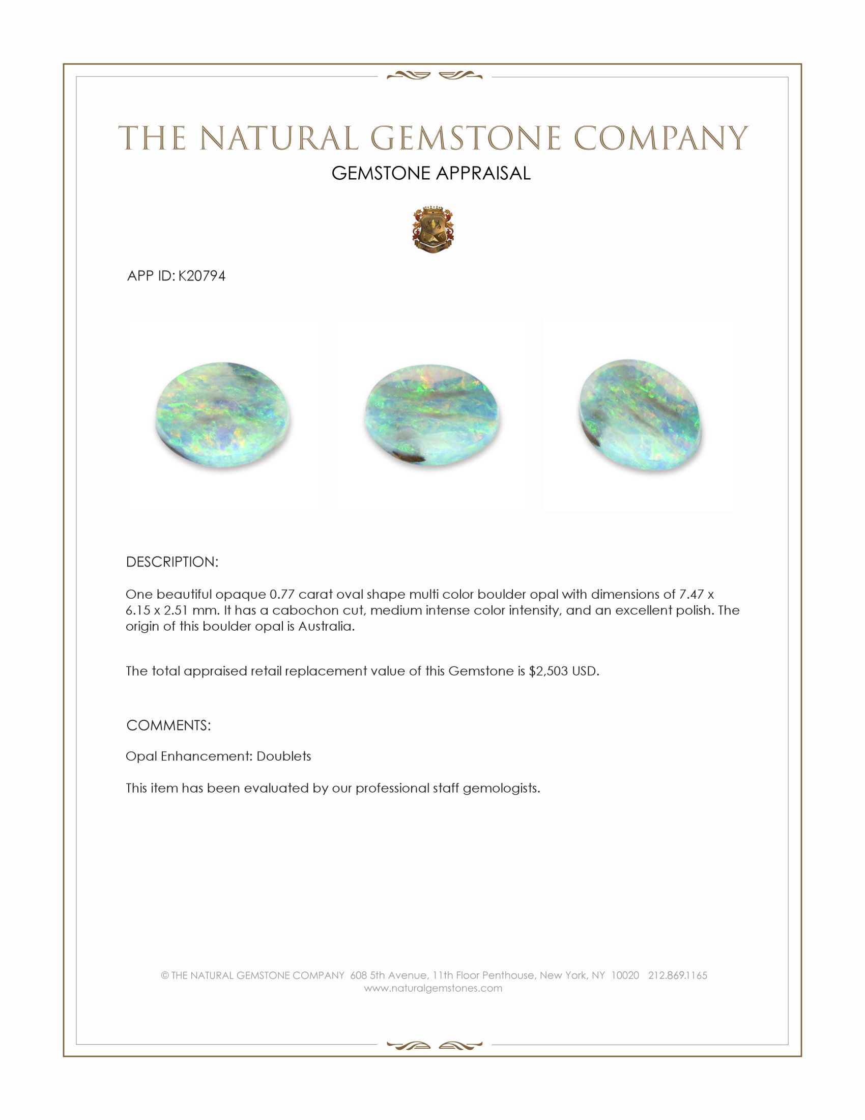 0.77 Ct. Cabochon Boulder Opal from Australia