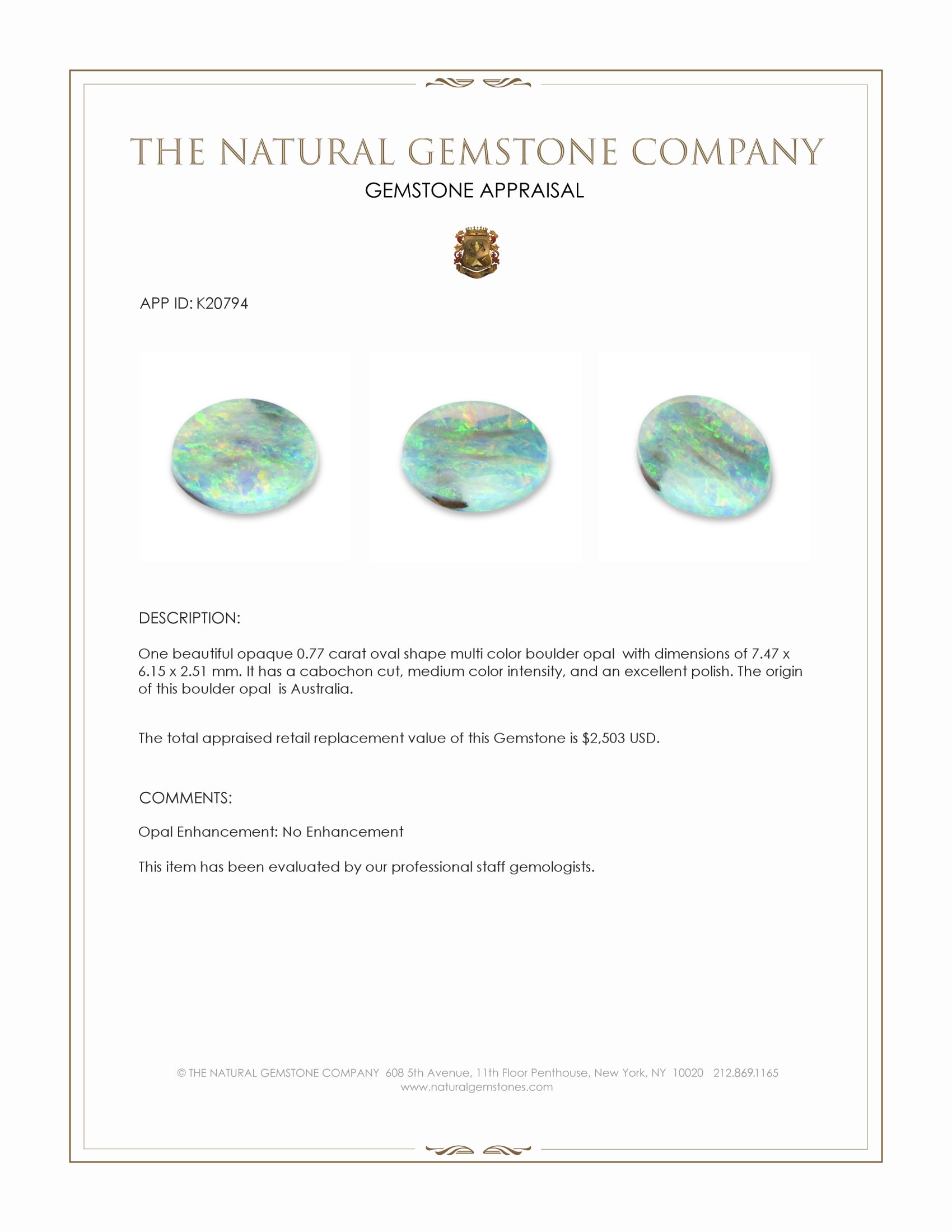 0.77 Ct. Multi Color Cabochon Boulder Opal (Ironstone Opal) from Australia