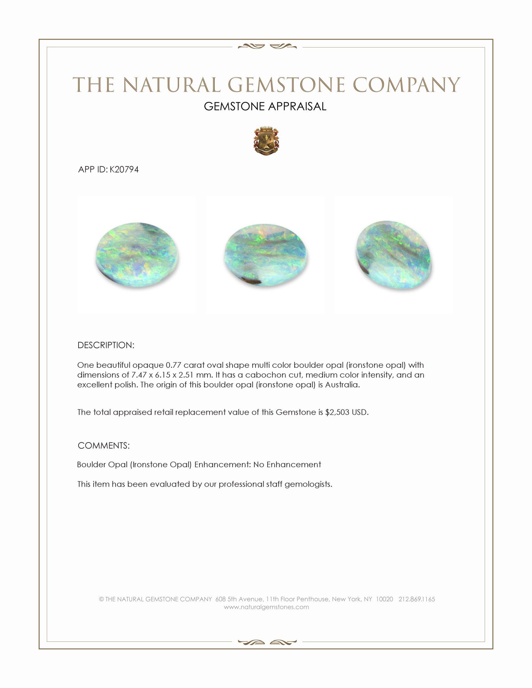 0.77 Ct. Multi Color Cabochon Boulder Opal (Ironstone Opal) from Australia