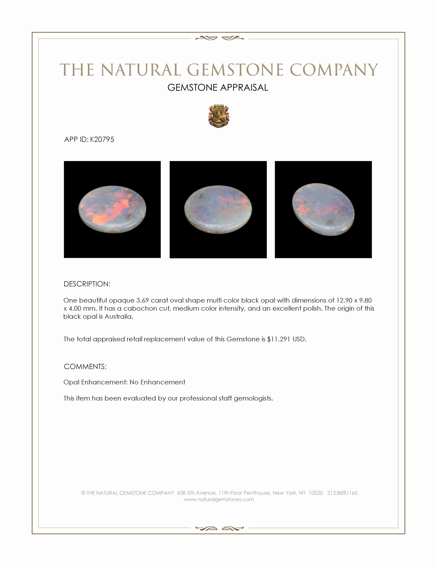 3.69 Ct. Cabochon Black Opal from Australia