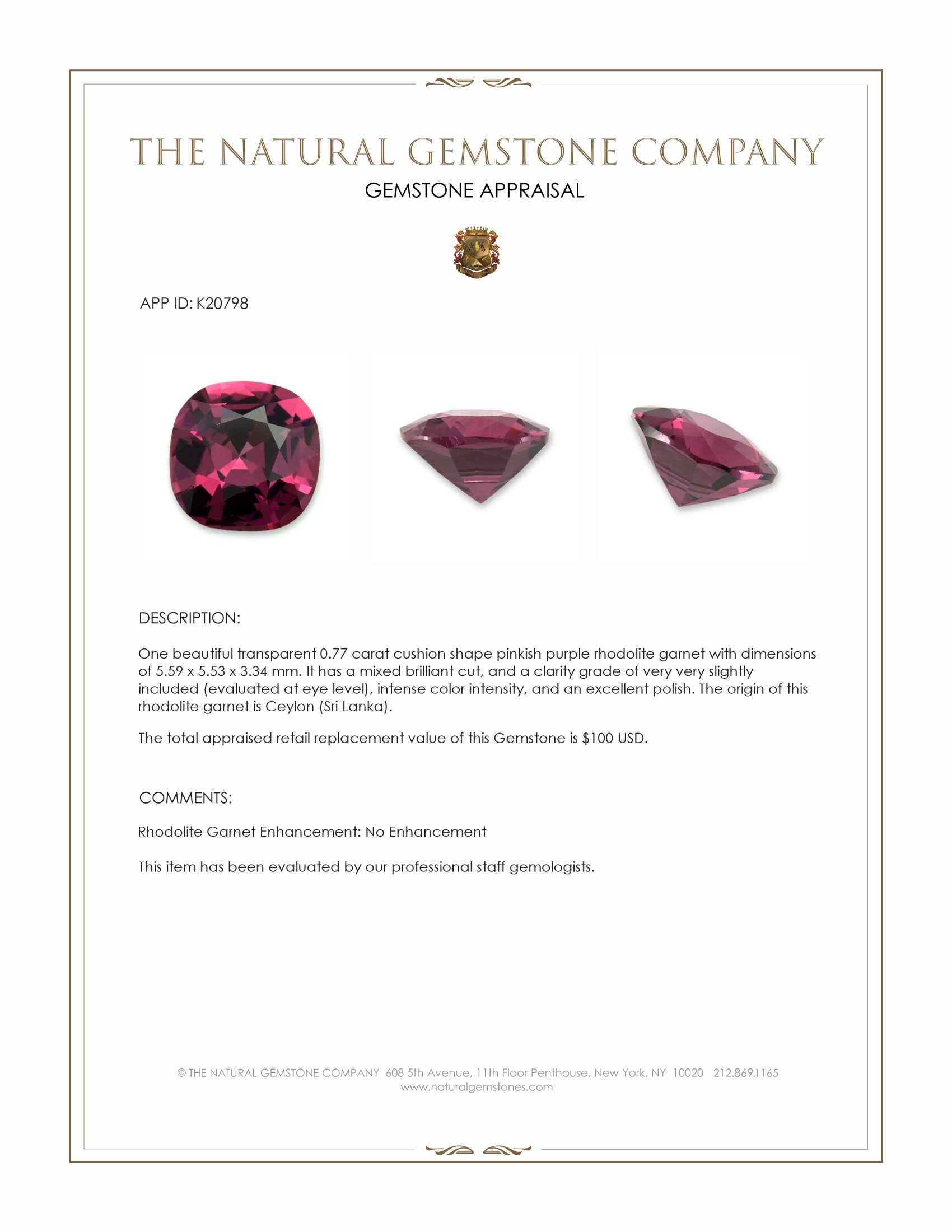 0.77 Ct. Pinkish Purple Rhodolite Garnet from Ceylon (Sri Lanka)