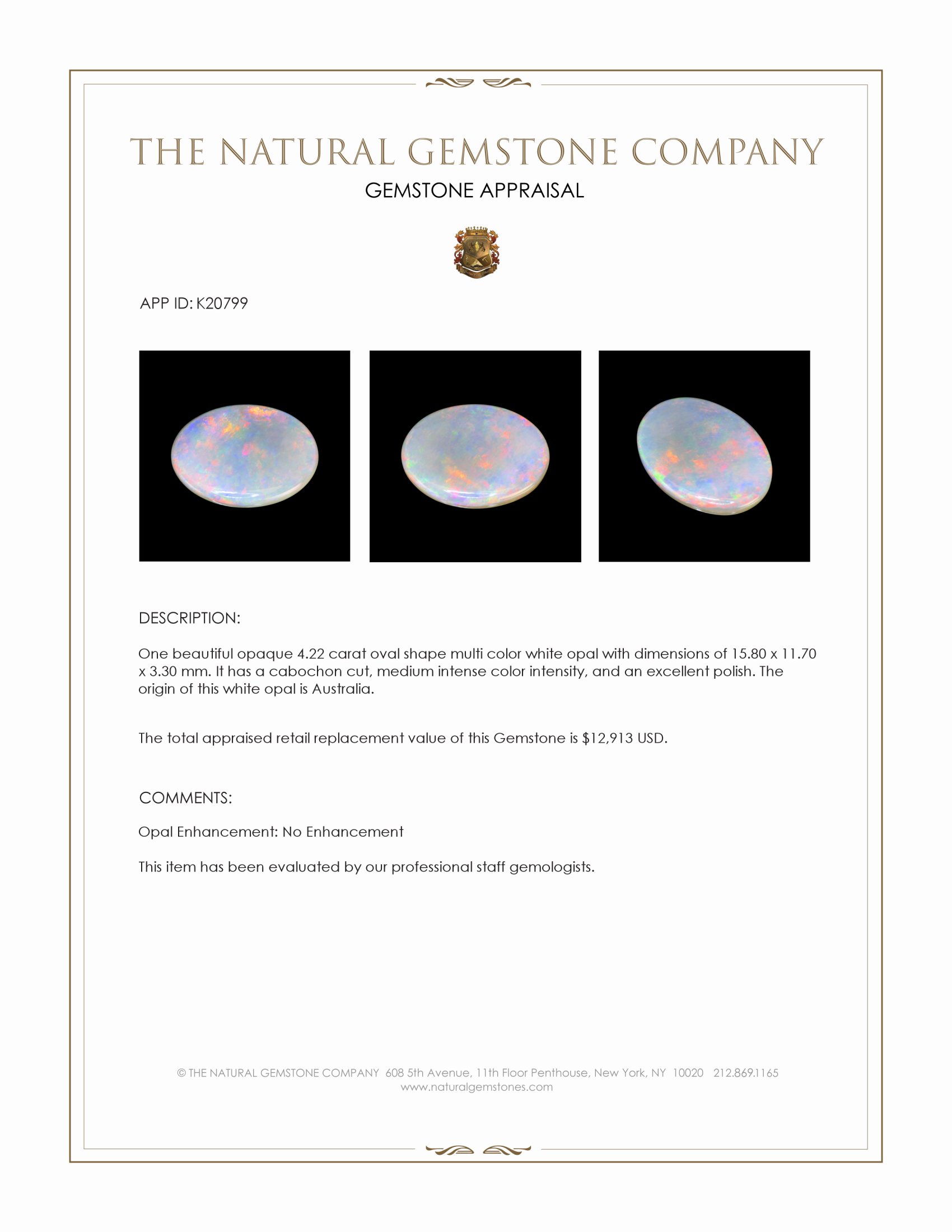 4.22 Ct. Multi Color Cabochon White Opal (Light Opal) from Australia