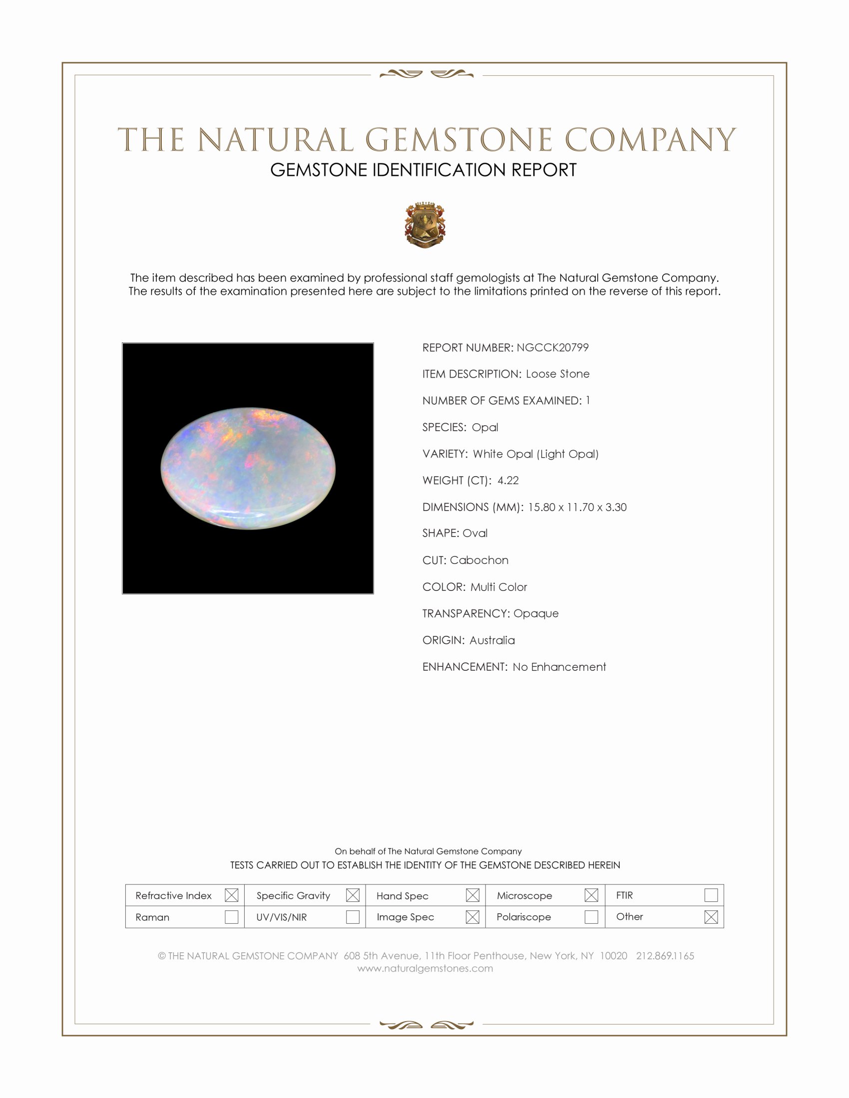 4.22 Ct. Multi Color Cabochon White Opal (Light Opal) from Australia