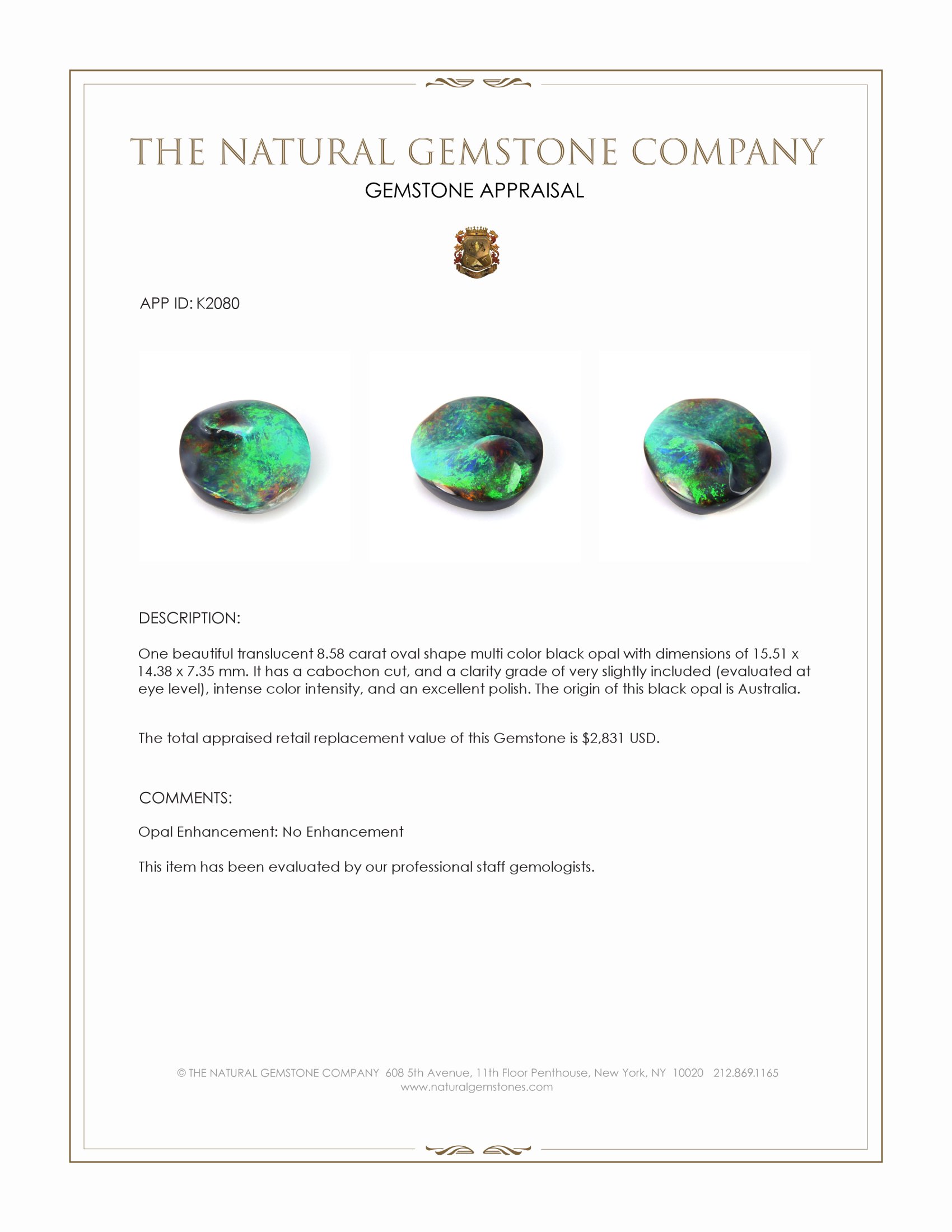 8.58 Ct. Multi Color Cabochon Black Opal from Australia