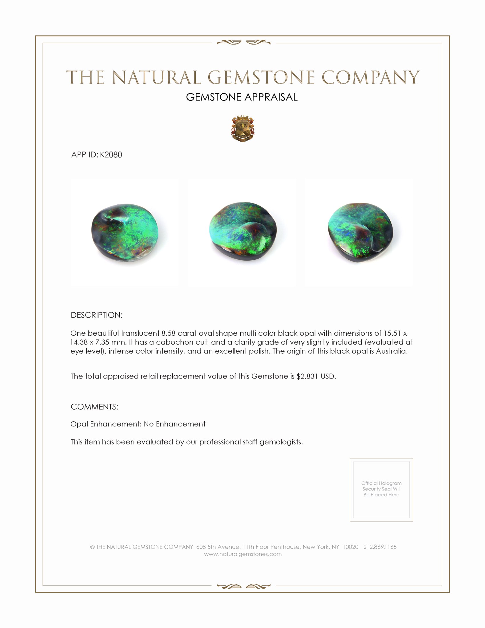 8.58 Ct. Cabochon Black Opal from Australia