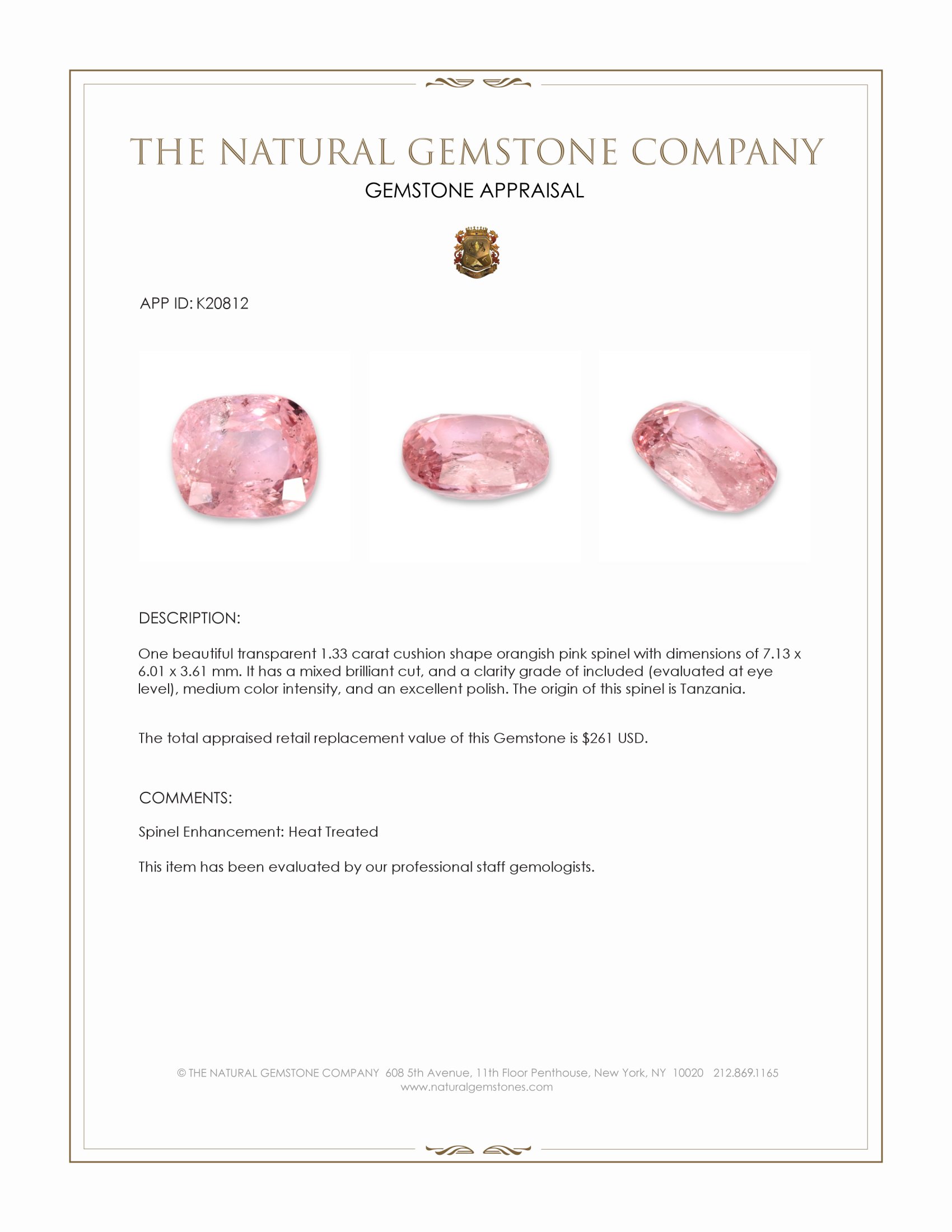 1.33 Ct. Orangish Pink Spinel from Tanzania
